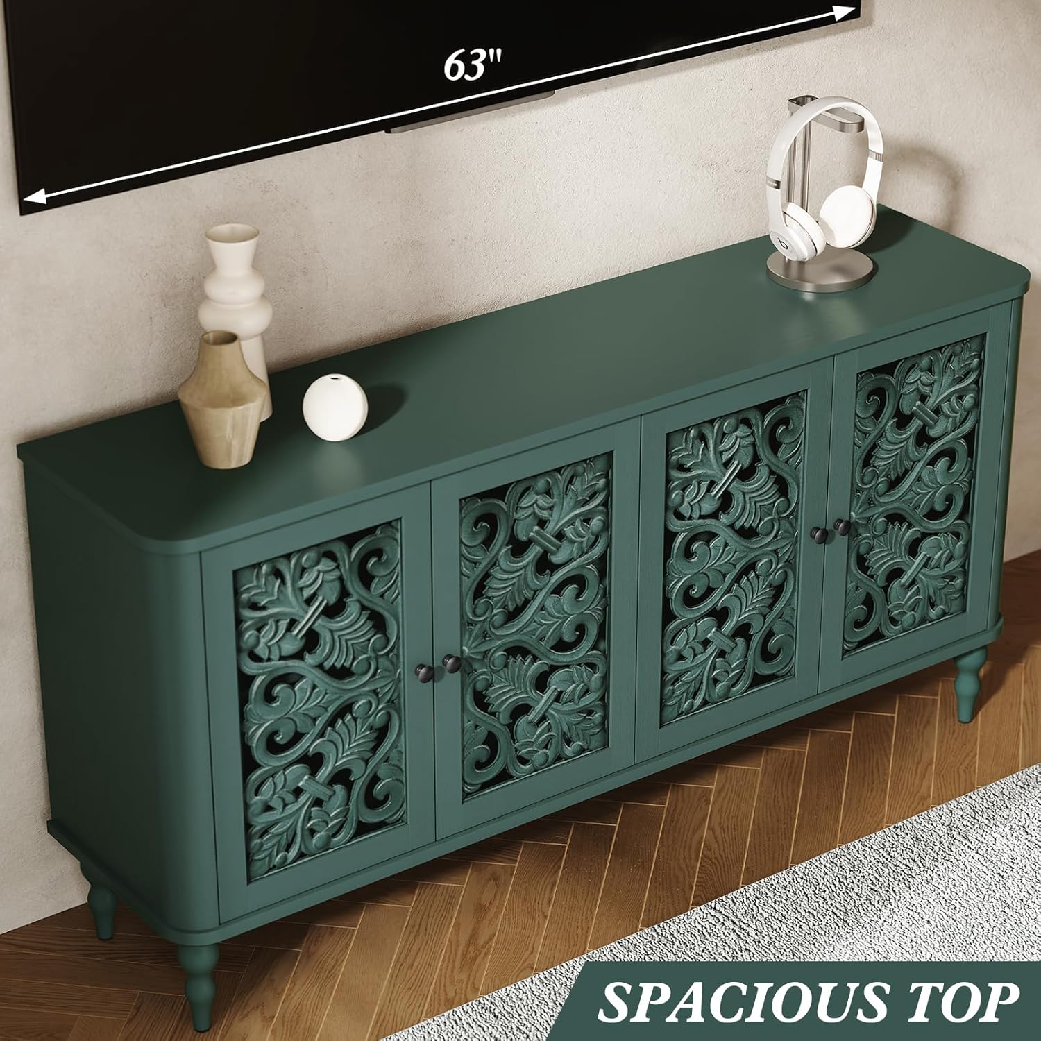 Buffet-buffet rétro sculpté en arc HLR® 63 po, meuble d'appoint en bois avec 4 portes artisanales