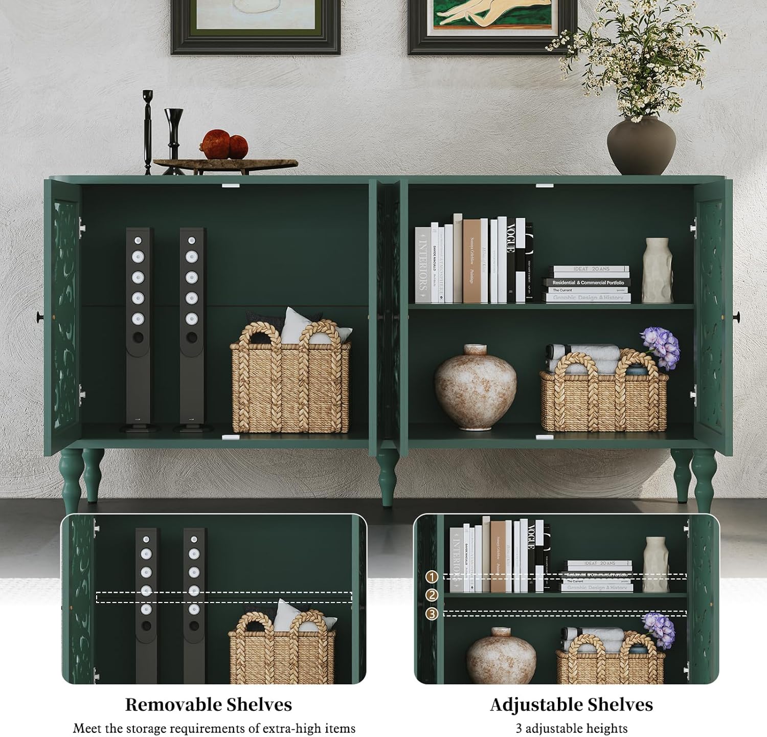 Buffet-buffet rétro sculpté en arc HLR® 63 po, meuble d'appoint en bois avec 4 portes artisanales