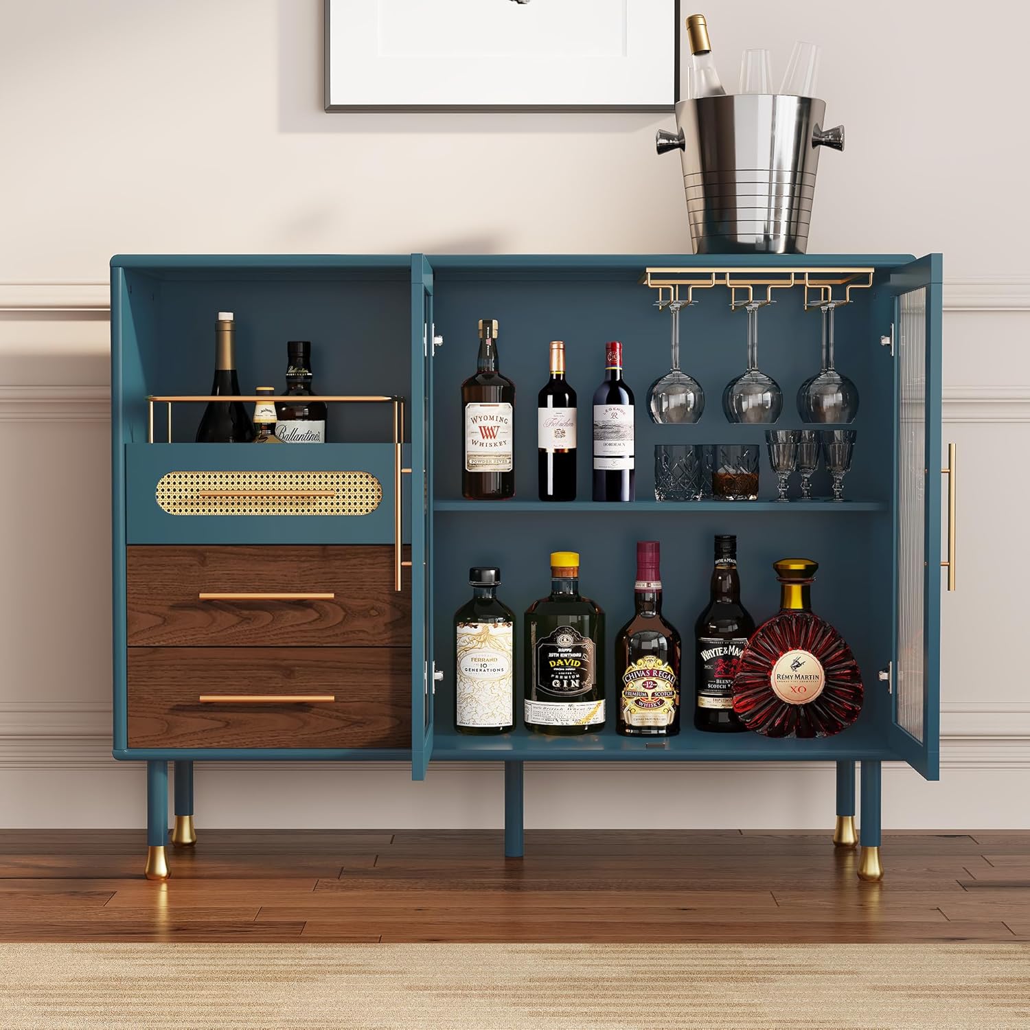 HLR® 48" Coffee Bar Cabinet with Wine Racks and Drawers, Modern Buffet Sideboard