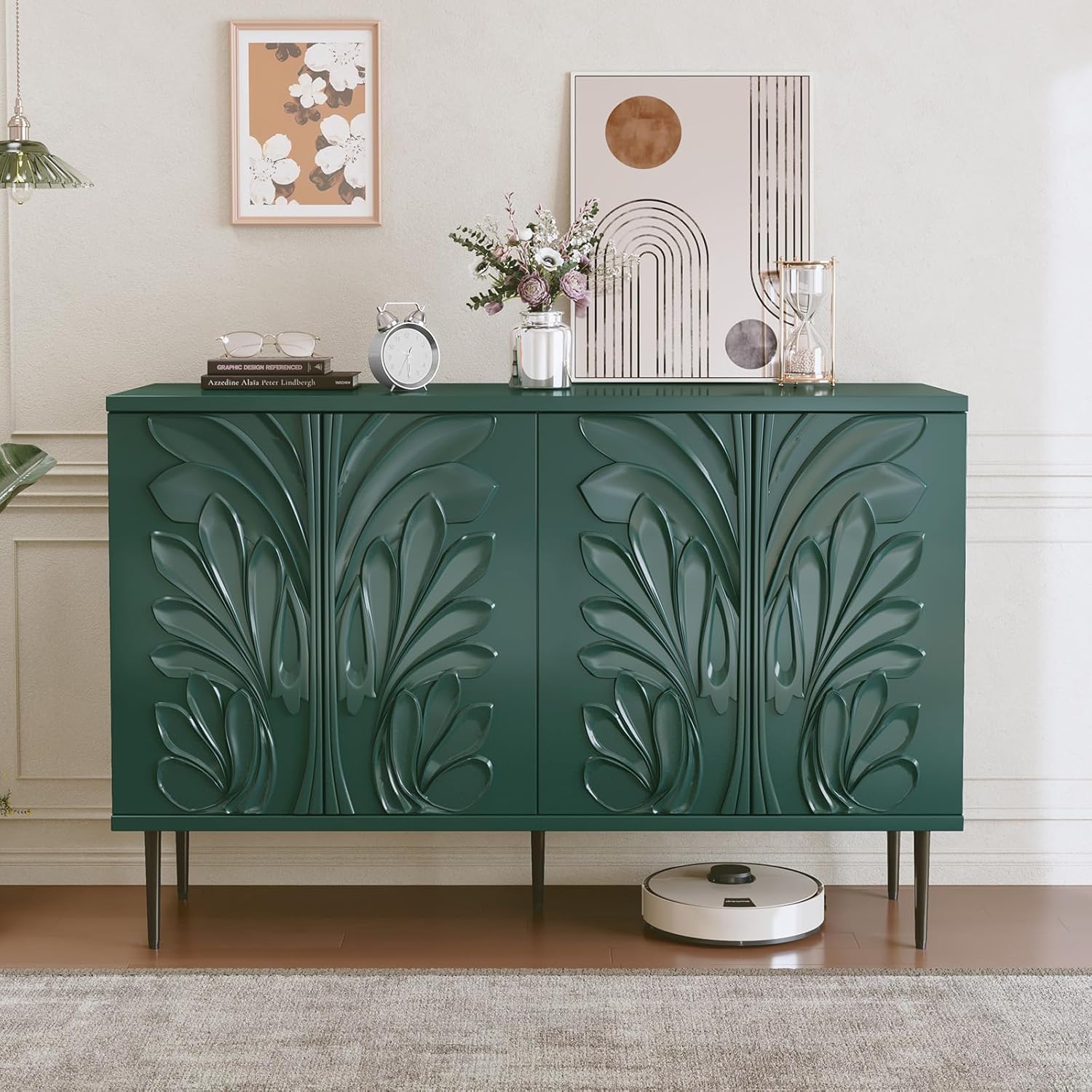 HLR® Sideboard Buffet Cabinet with 3D Flower Pattern, Accent Cabinet