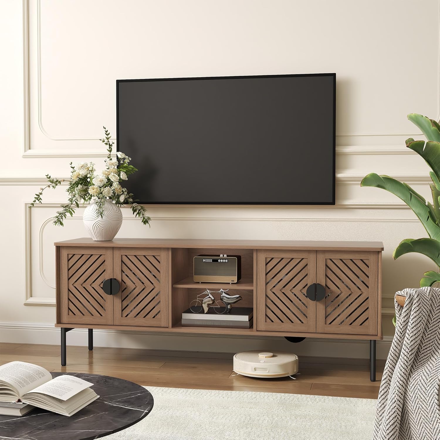Meubles TV modernes HLR® 63 pouces pour salon, long centre de divertissement avec rangement, console TV pour téléviseurs 55, 60, 65 et 70 pouces