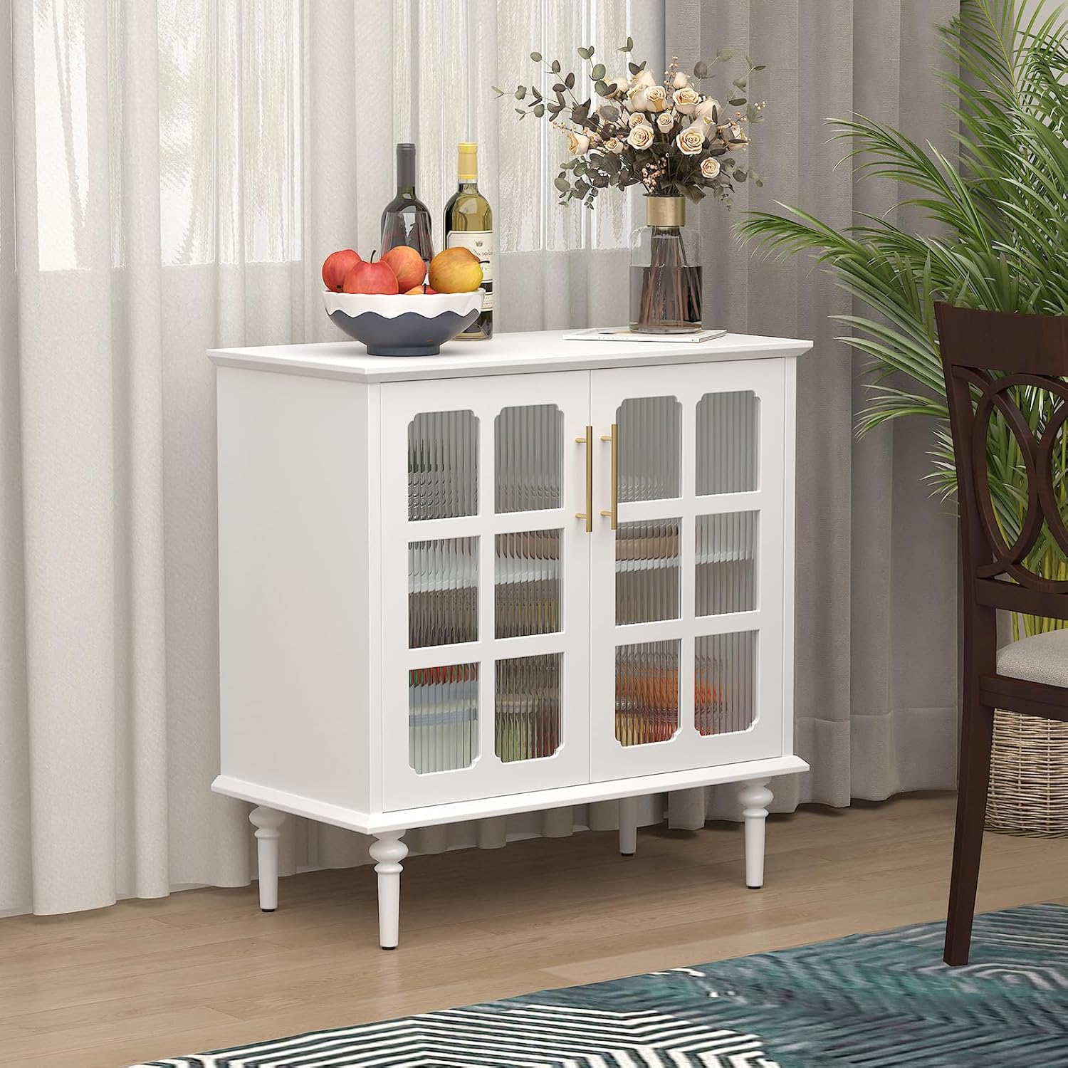 Buffet vintage HLR® avec 2 portes en verre à treillis, meuble d'appoint en bois