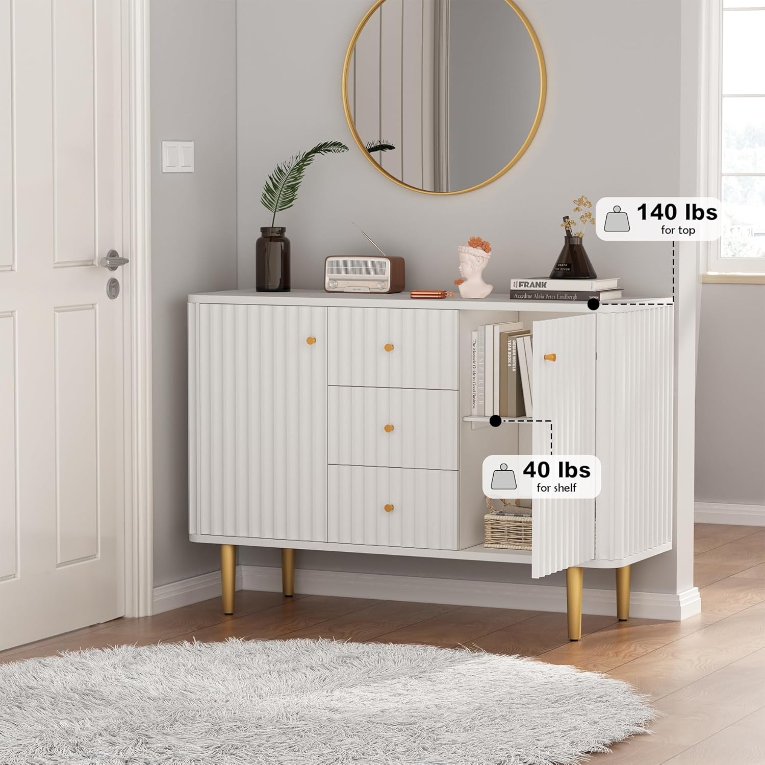 Buffet HLR® avec rangement, meuble d'appoint cannelé de 48 po avec 2 tiroirs et 2 portes