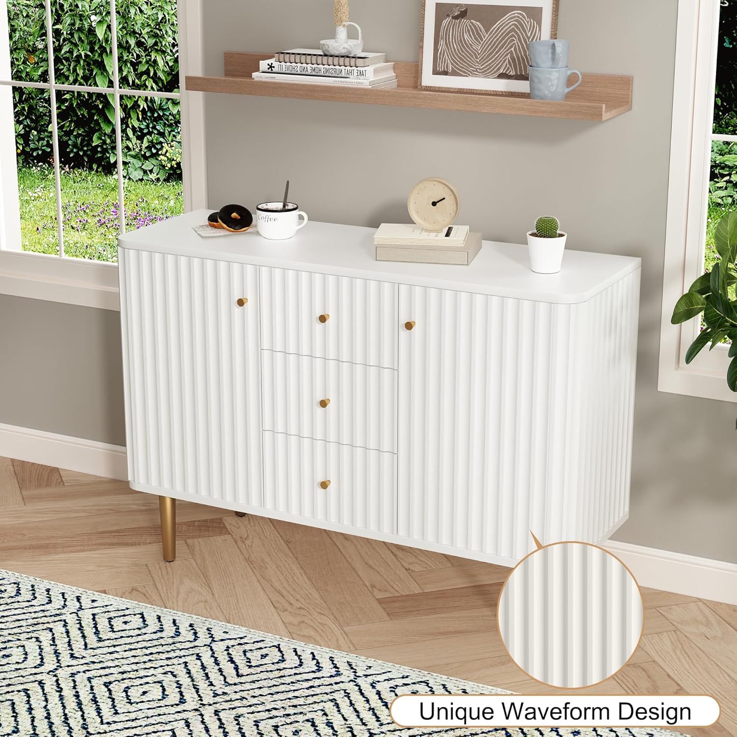 Buffet HLR® avec rangement, meuble d'appoint cannelé de 48 po avec 2 tiroirs et 2 portes