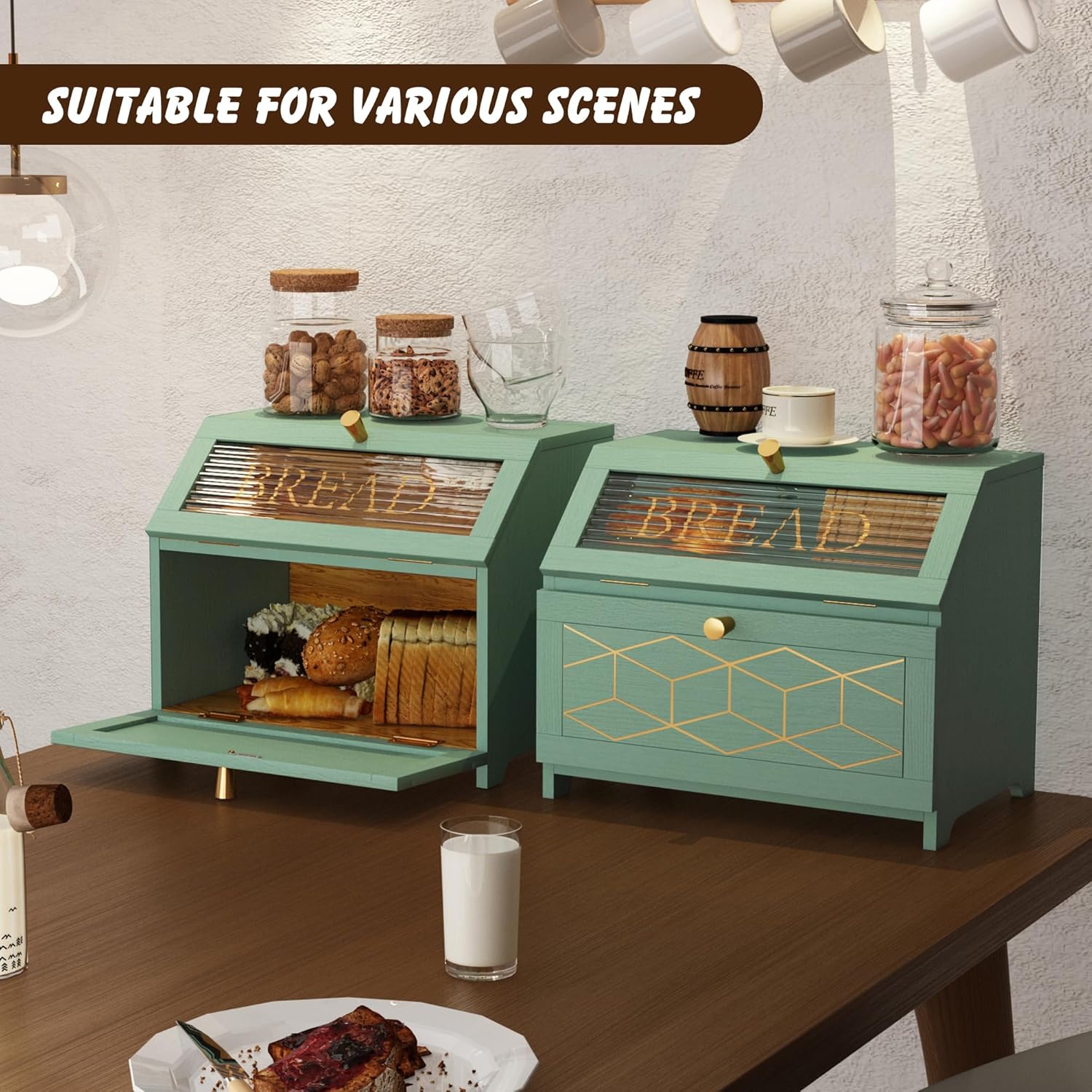 Boîte à pain double couche HLR® avec bordure dorée pour comptoir, boîte à pain en bois