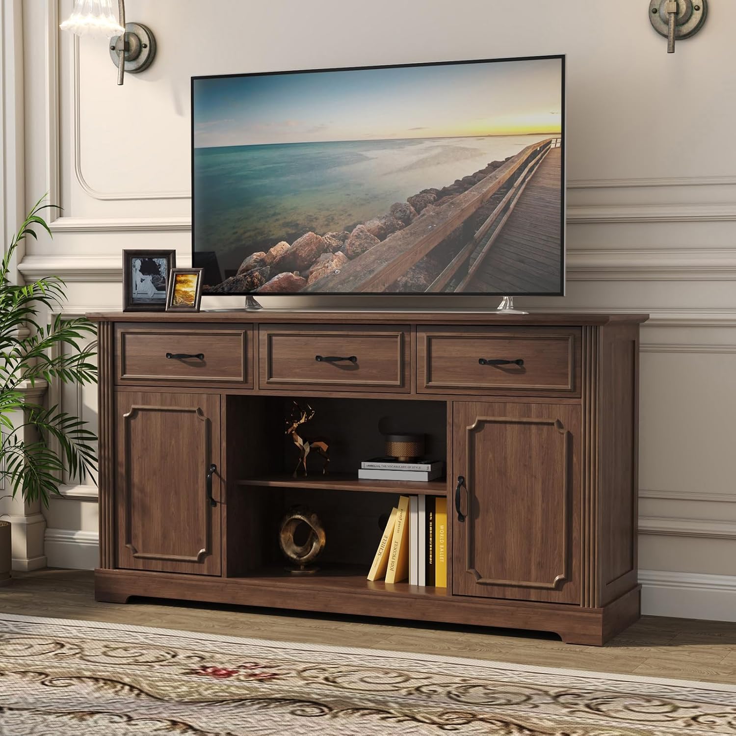 HLR® TV-Ständer mit 3 Schubladen für Fernseher bis 65 Zoll, Fernsehschrank aus Holz im Mid-Century-Stil