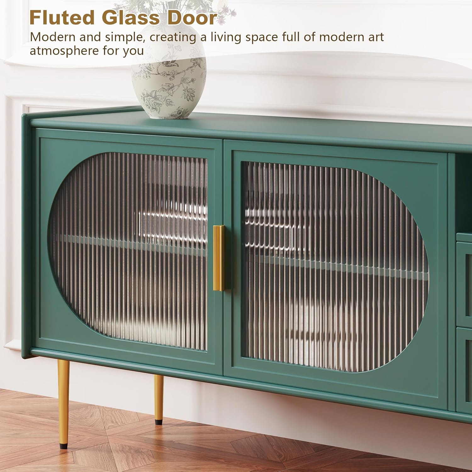 HLR® Moderner 60-Zoll-TV-Ständer für 55/60/65-Zoll-Fernseher, TV-Schrank mit Glastür und Schubladen