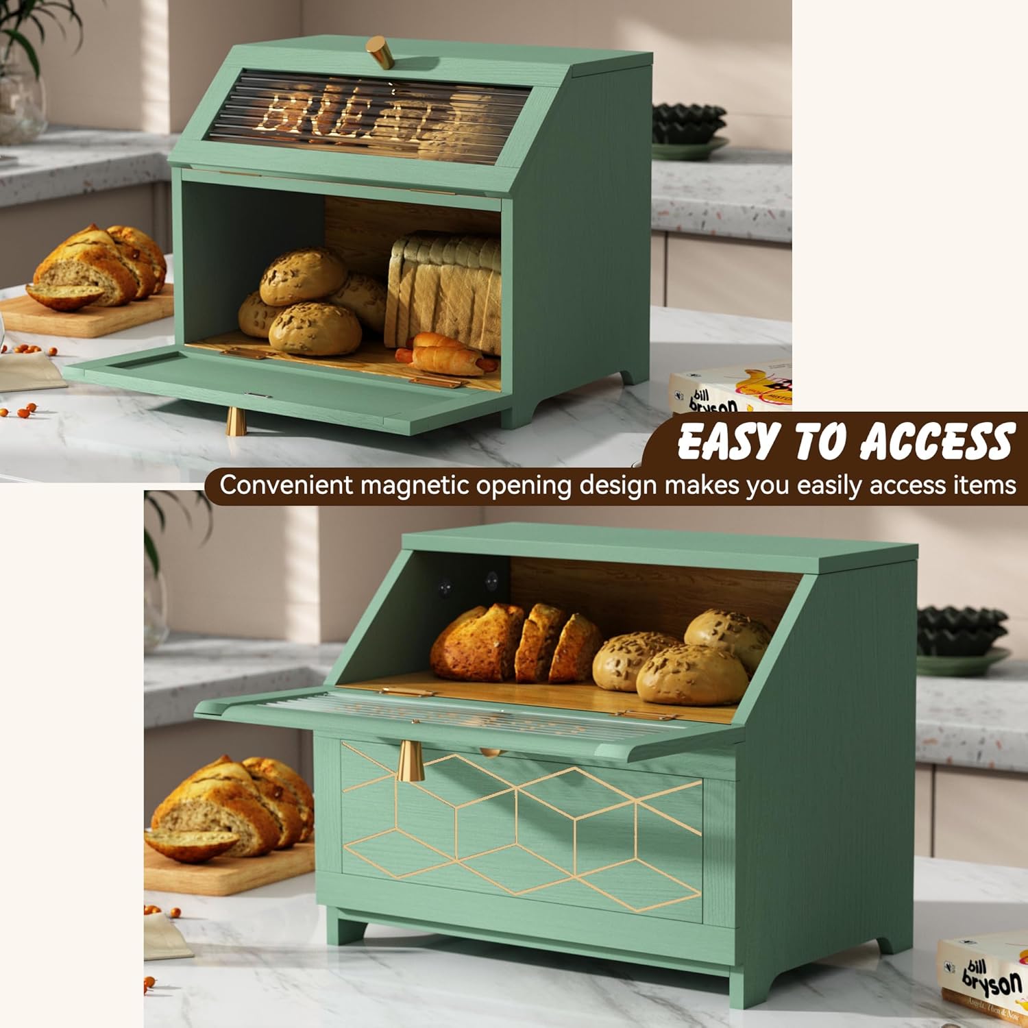 Boîte à pain double couche HLR® avec bordure dorée pour comptoir, boîte à pain en bois