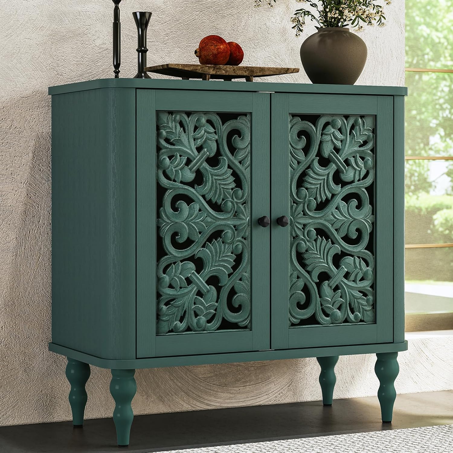 Buffet-buffet rétro sculpté en arc HLR® 63 po, meuble d'appoint en bois avec 4 portes artisanales
