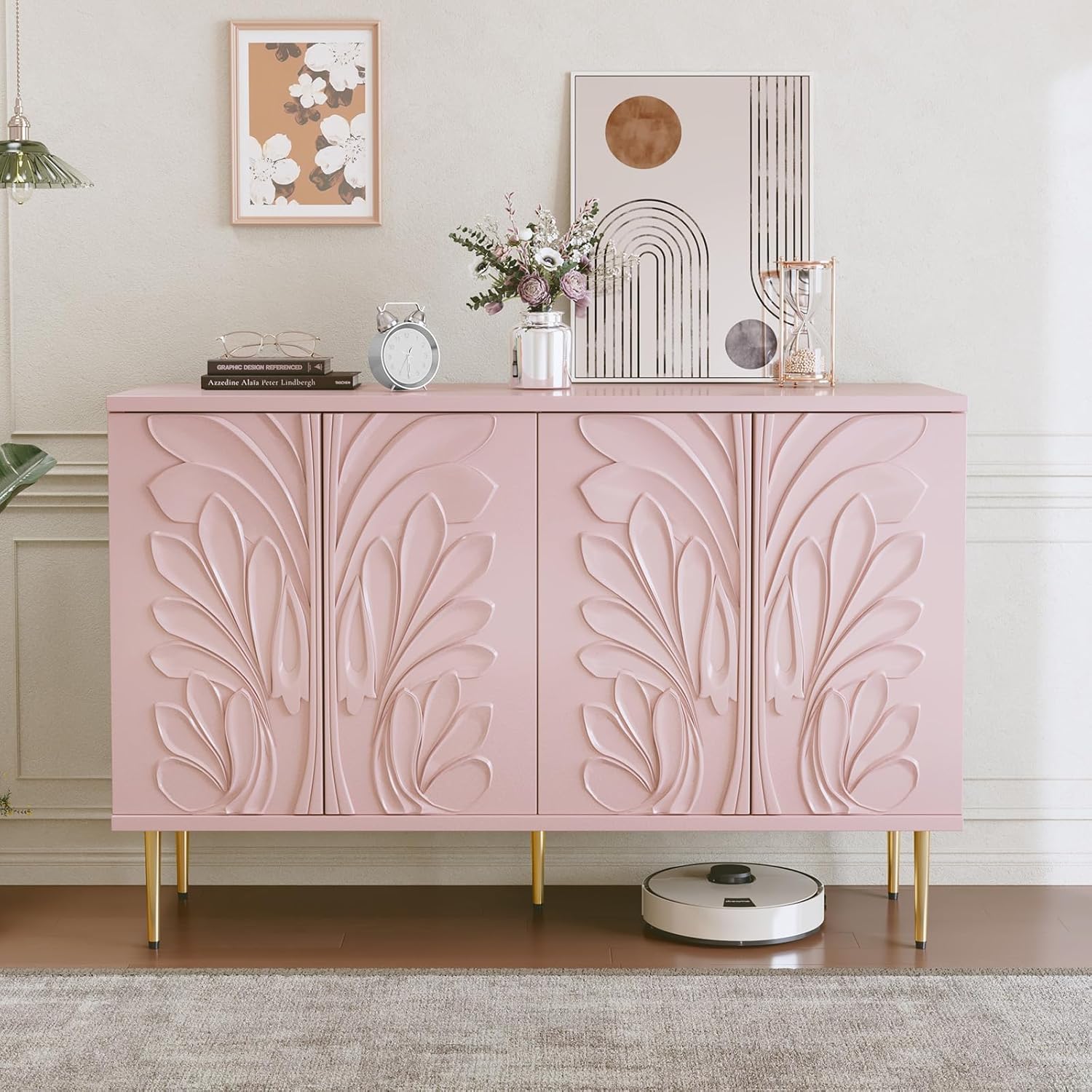 HLR® Sideboard Buffet Cabinet with 3D Flower Pattern, Accent Cabinet