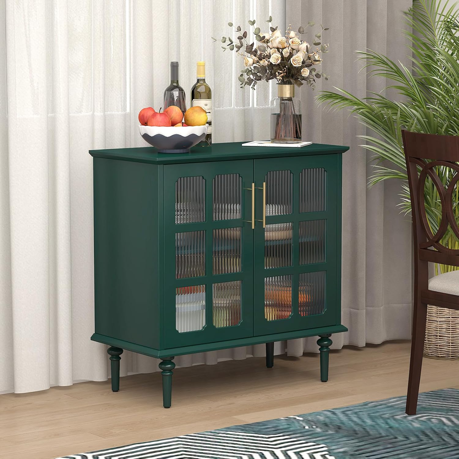 Buffet vintage HLR® avec 2 portes en verre à treillis, meuble d'appoint en bois