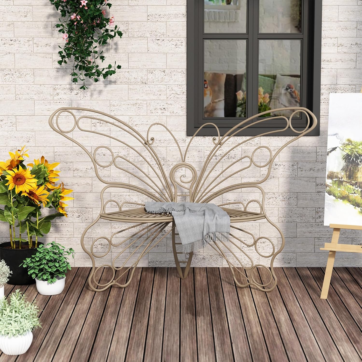 Banc d'extérieur HLR® 50 pouces, banc de jardin avec cadre en métal robuste en fer, joli banc papillon pour porche