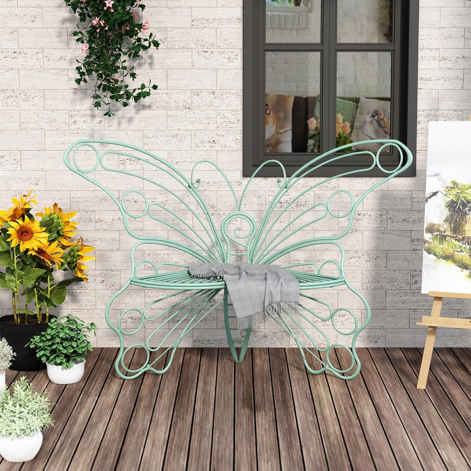 Banc d'extérieur HLR® 50 pouces, banc de jardin avec cadre en métal robuste en fer, joli banc papillon pour porche