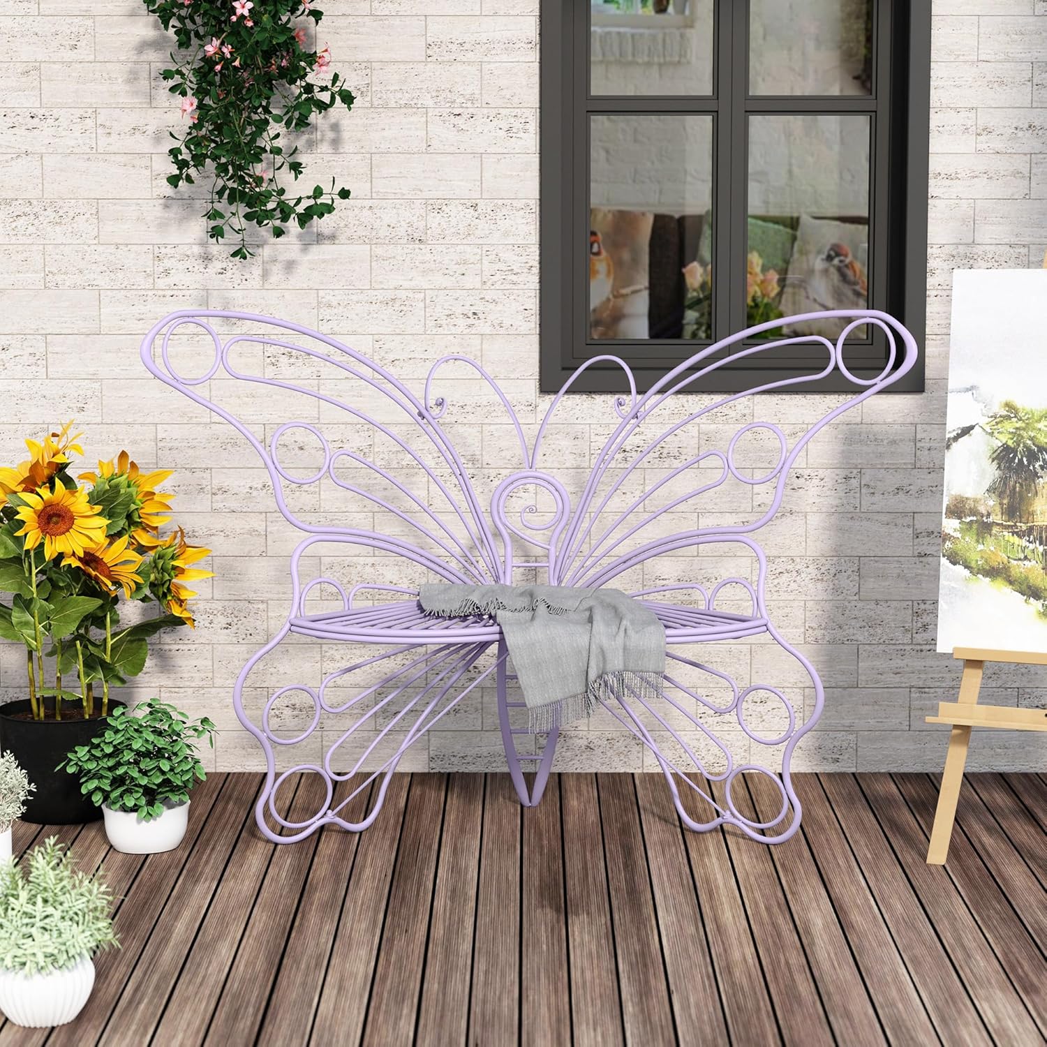 Banc d'extérieur HLR® 50 pouces, banc de jardin avec cadre en métal robuste en fer, joli banc papillon pour porche