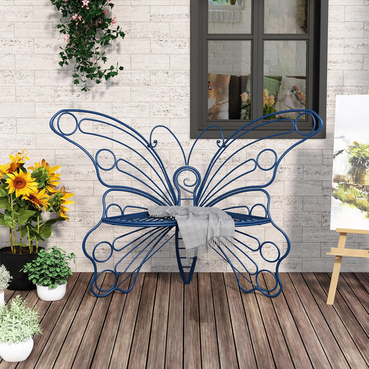 Banc d'extérieur HLR® 50 pouces, banc de jardin avec cadre en métal robuste en fer, joli banc papillon pour porche