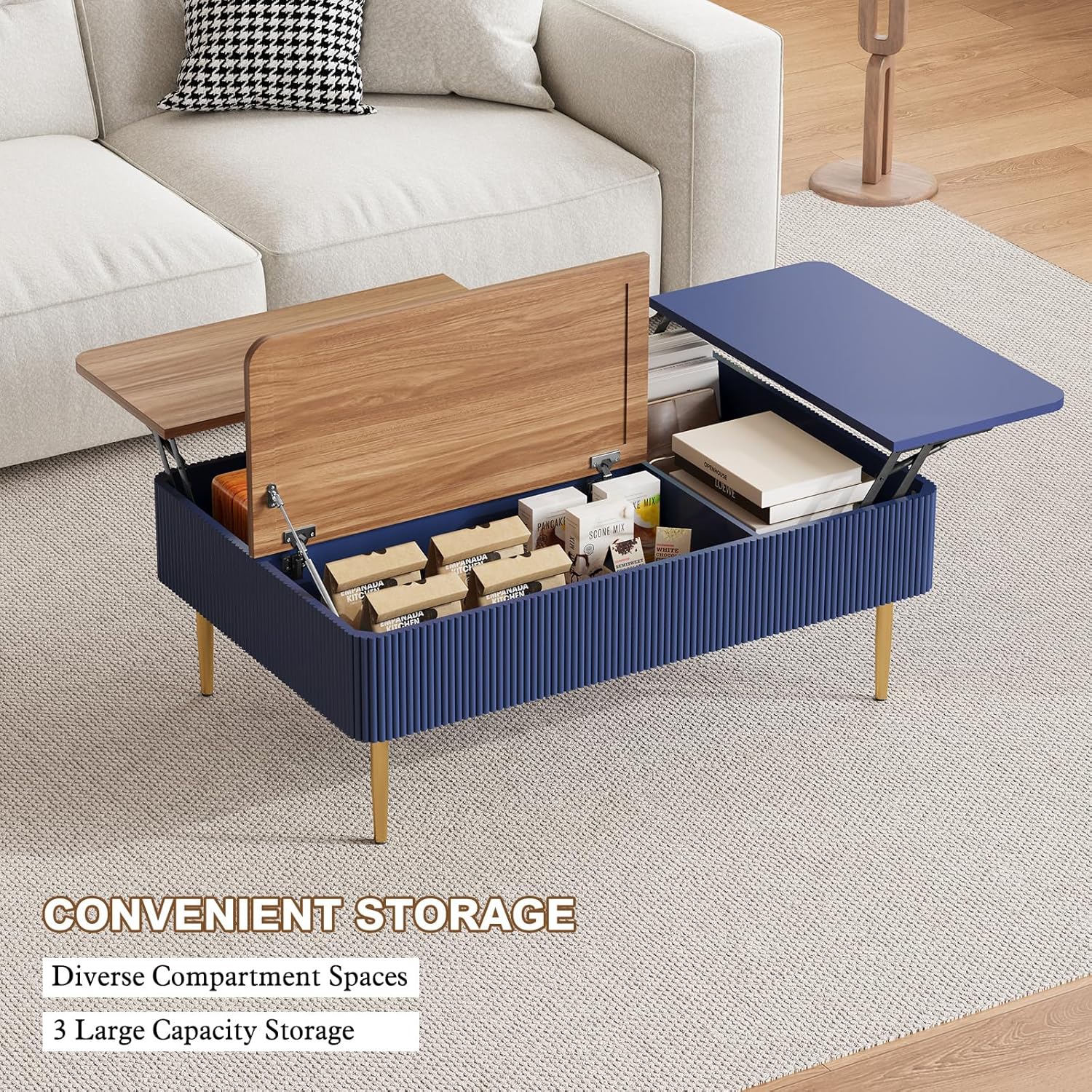Table basse HLR® 47" à double plateau relevable avec rangement, table basse cannelée en bois moderne