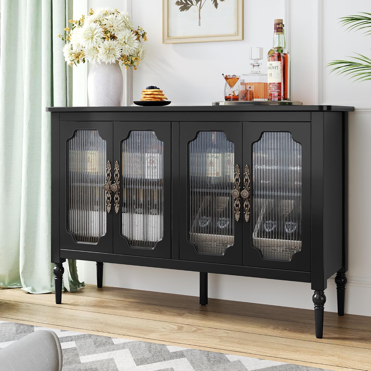 Buffet vintage HLR® avec 4 portes vitrées, 122 cm, meuble de rangement de style milieu du siècle avec étagères