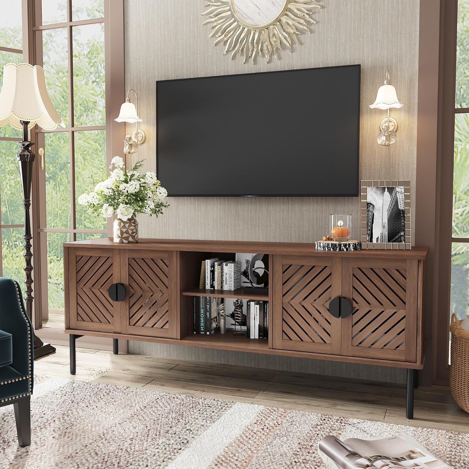 Meubles TV modernes HLR® 63 pouces pour salon, long centre de divertissement avec rangement, console TV pour téléviseurs 55, 60, 65 et 70 pouces