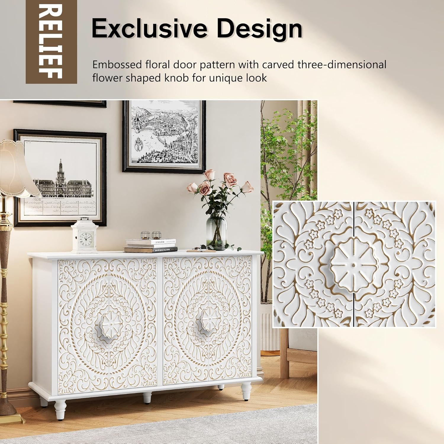 Buffet HLR® avec rangement, meuble d'appoint décoratif vintage de 122 cm