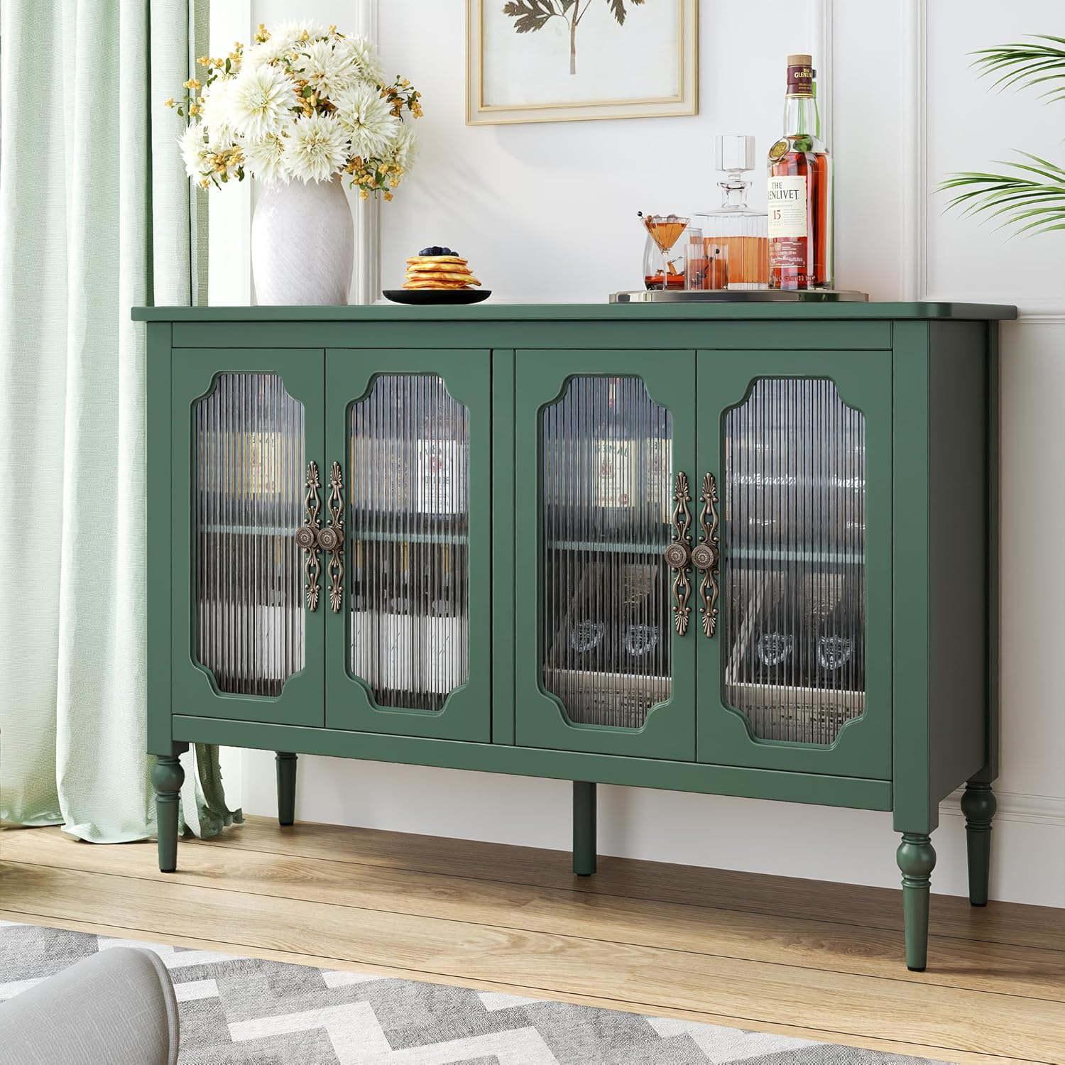 Buffet vintage HLR® avec 4 portes vitrées, 122 cm, meuble de rangement de style milieu du siècle avec étagères