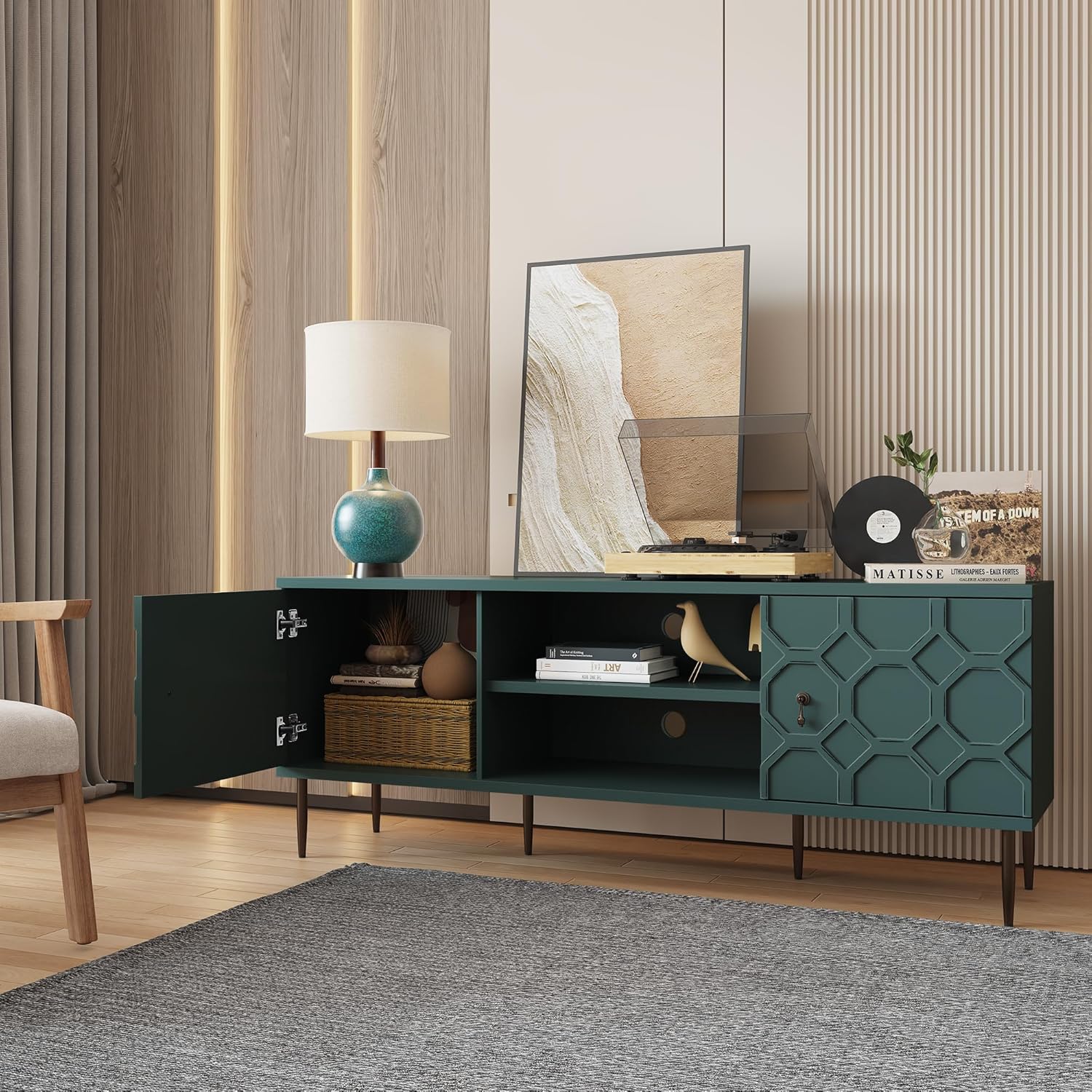 HLR® Modern TV Stand for 65/70 inch TV, Entertainment Center with Storage Cabinet&Open Shelves