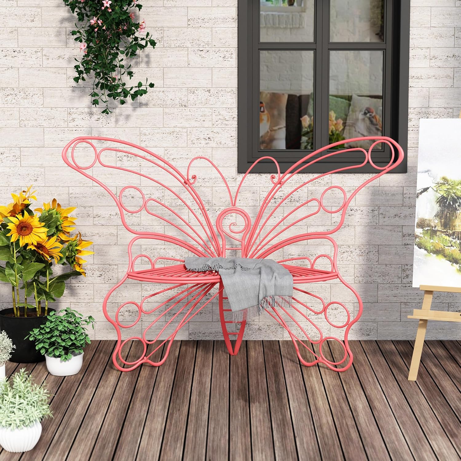 Banc d'extérieur HLR® 50 pouces, banc de jardin avec cadre en métal robuste en fer, joli banc papillon pour porche