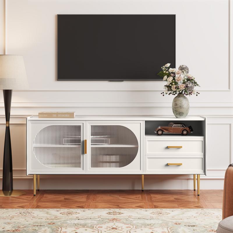 HLR® Moderner 60-Zoll-TV-Ständer für 55/60/65-Zoll-Fernseher, TV-Schrank mit Glastür und Schubladen