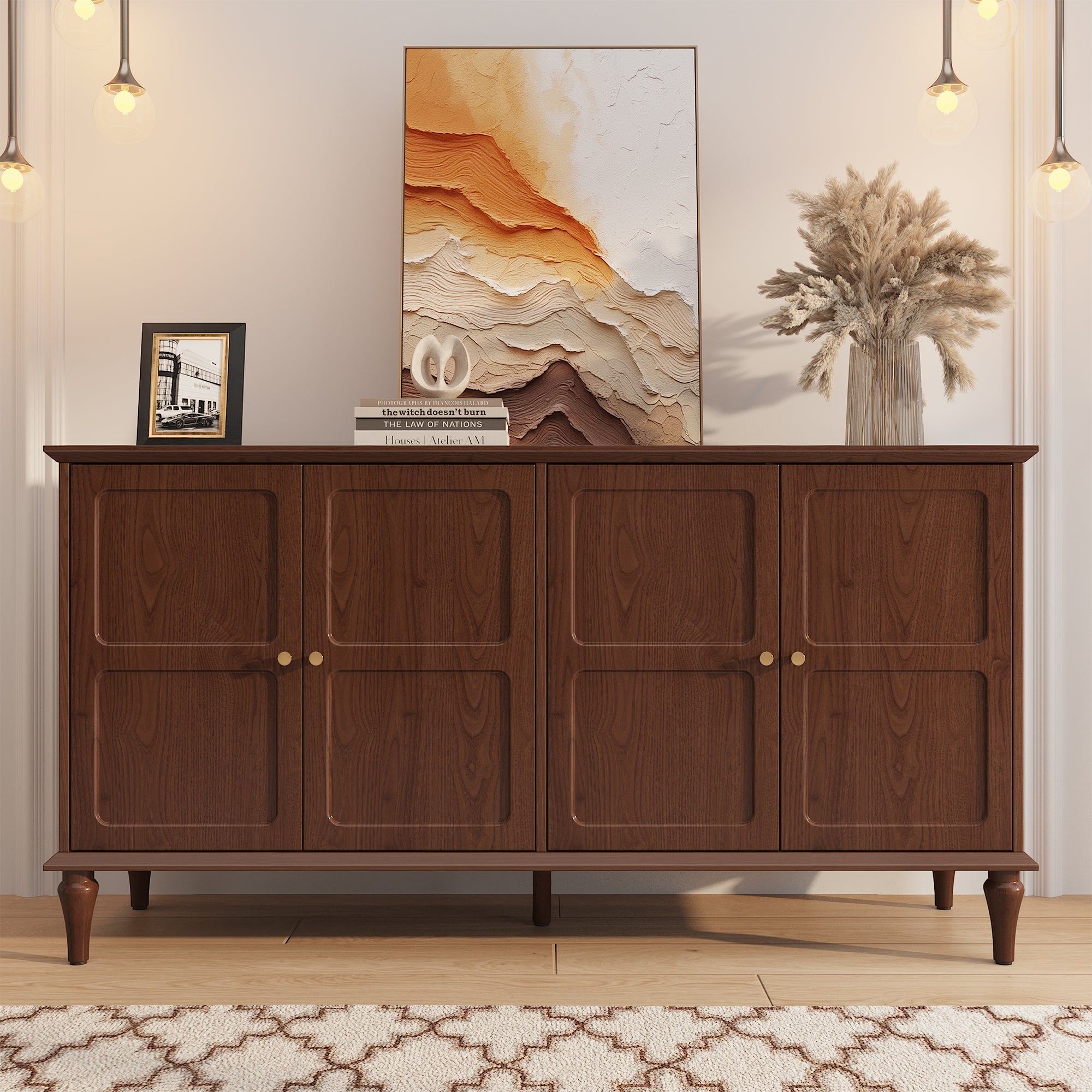 Buffet de rangement moderne du milieu du siècle HLR® 58 po avec 4 portes et étagères réglables