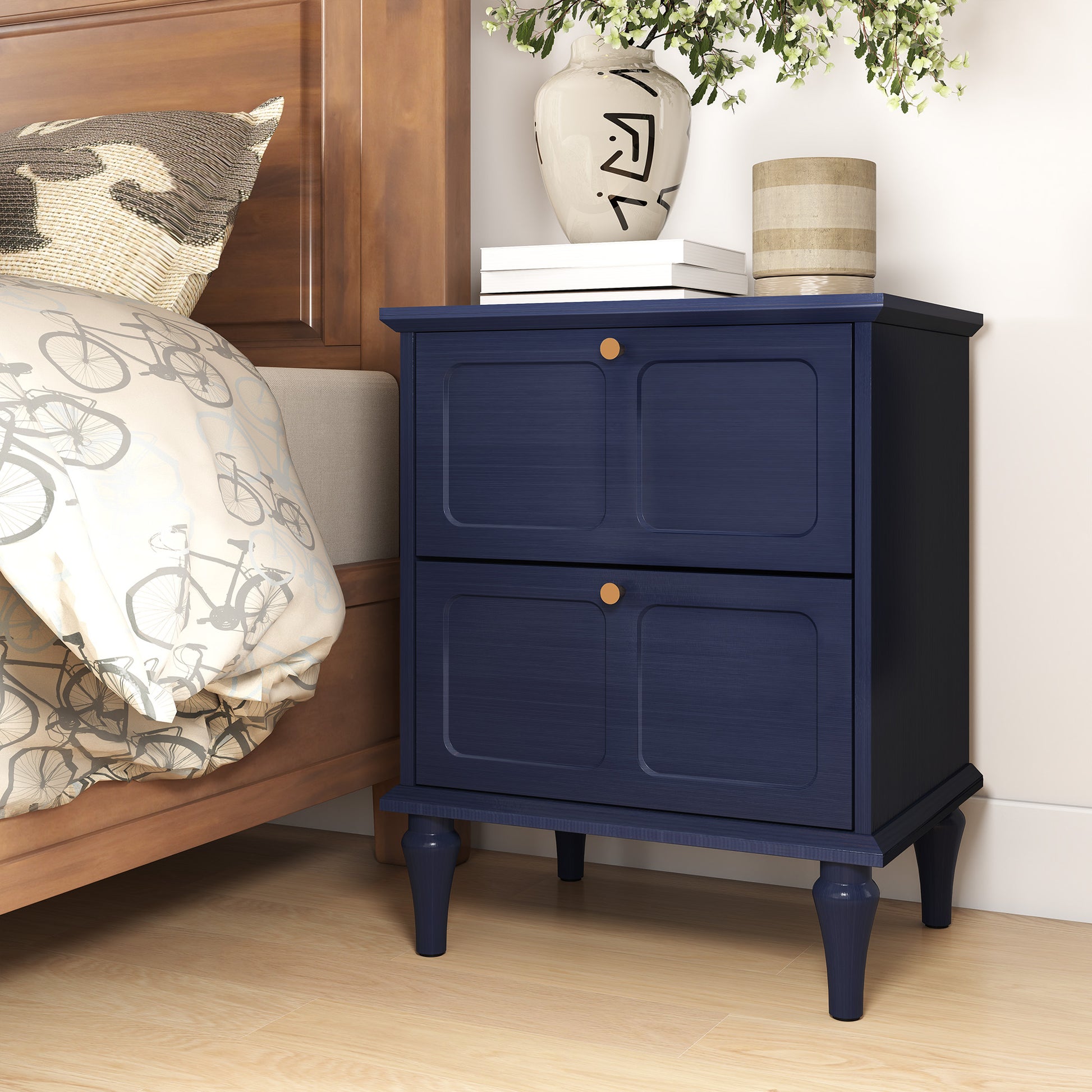 HLR 20" Mid Century Nightstands Set of 2 with Drawers, Wood Bedside Table End Table for Bedroom, Blue