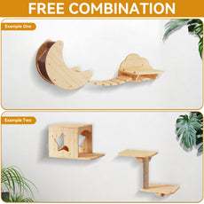 CBJCBJ Solid Wood Cat Wall Mounts Shelves Perches Set, Sleeping Playing Lounging Climbing Wall-mounted Cat Tree House for Multiple Cats, 5-Piece
