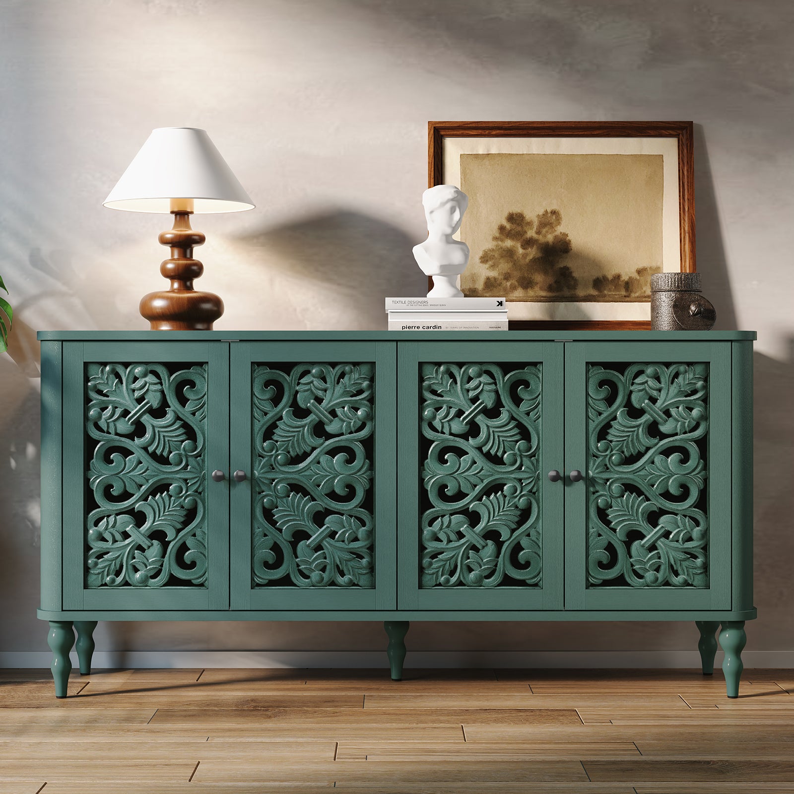 CBJCBJ 63" Retro Arc Carved Sideboard Buffet Cabinet, Wooden Credenza Storage for Dining Room, Green