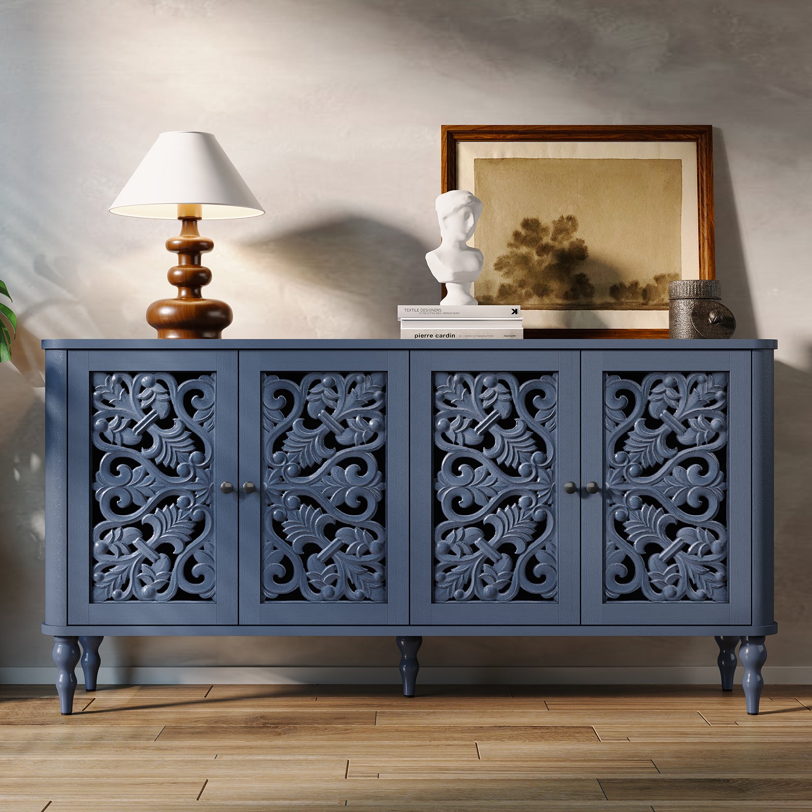 CBJCBJ 63" Retro Arc Carved Sideboard Buffet Cabinet, Wooden Credenza Storage for Dining Room, Blue