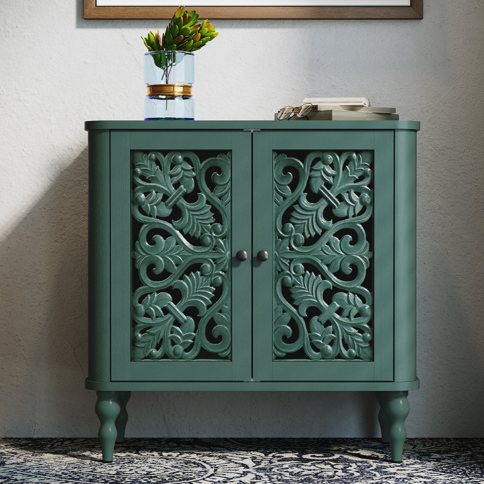 CBJCBJ 31.5" Retro Arc Carved Sideboard Buffet Cabinet, Wooden Credenza Storage for Dining Room, Green