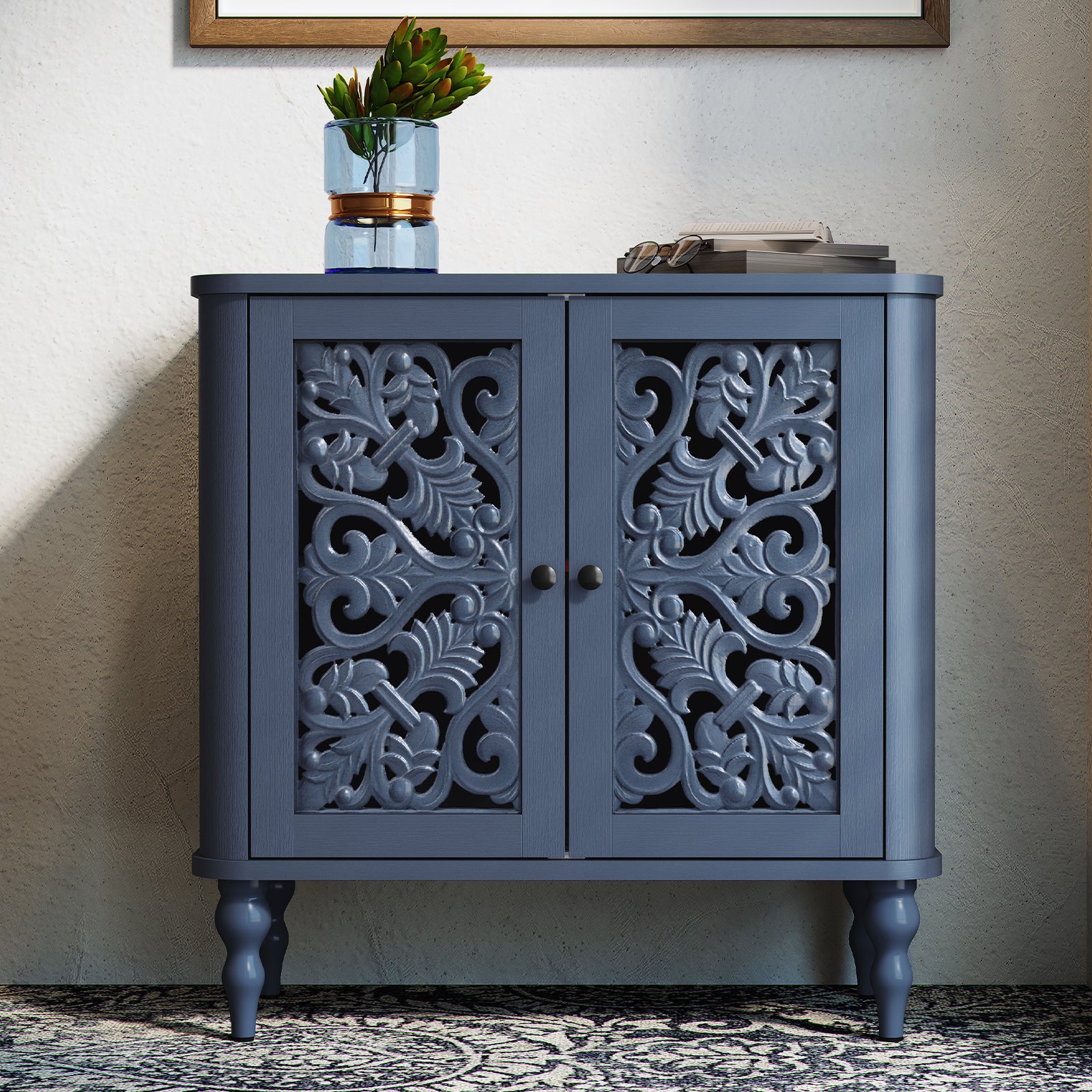 CBJCBJ 31.5" Retro Arc Carved Sideboard Buffet Cabinet, Wooden Credenza Storage for Dining Room,Blue