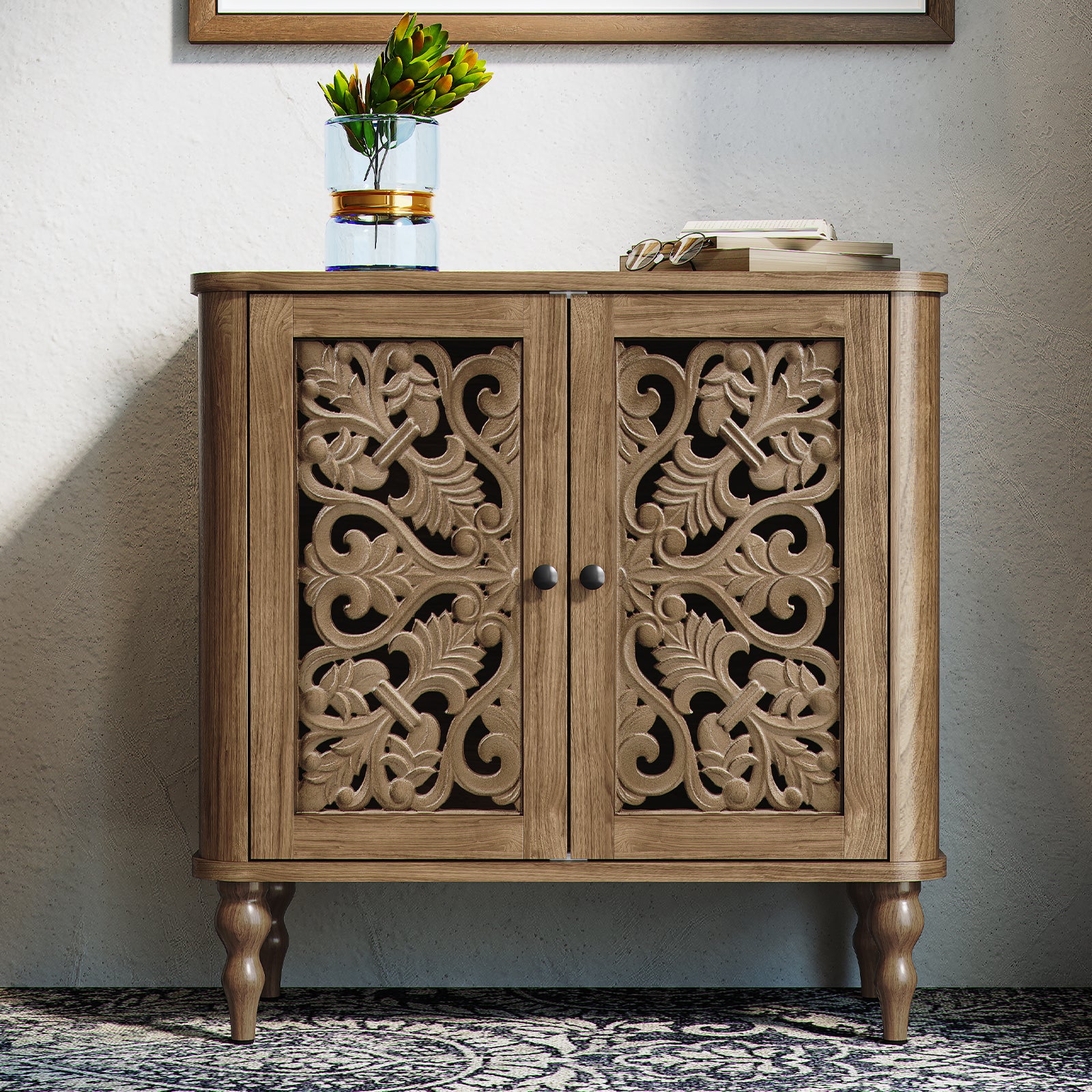 CBJCBJ 31.5" Retro Arc Carved Sideboard Buffet Cabinet, Wooden Credenza Storage for Dining Room, Brown