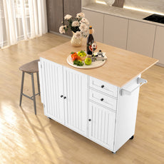 HLR 50.39" Kitchen Island with Storage, Wood Top Cart with Drop Leaf and Wheels, White