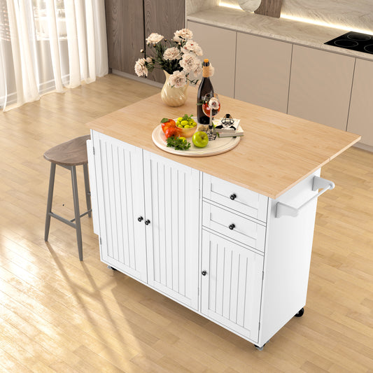 HLR 50.39" Kitchen Island with Storage, Wood Top Cart with Drop Leaf and Wheels, White