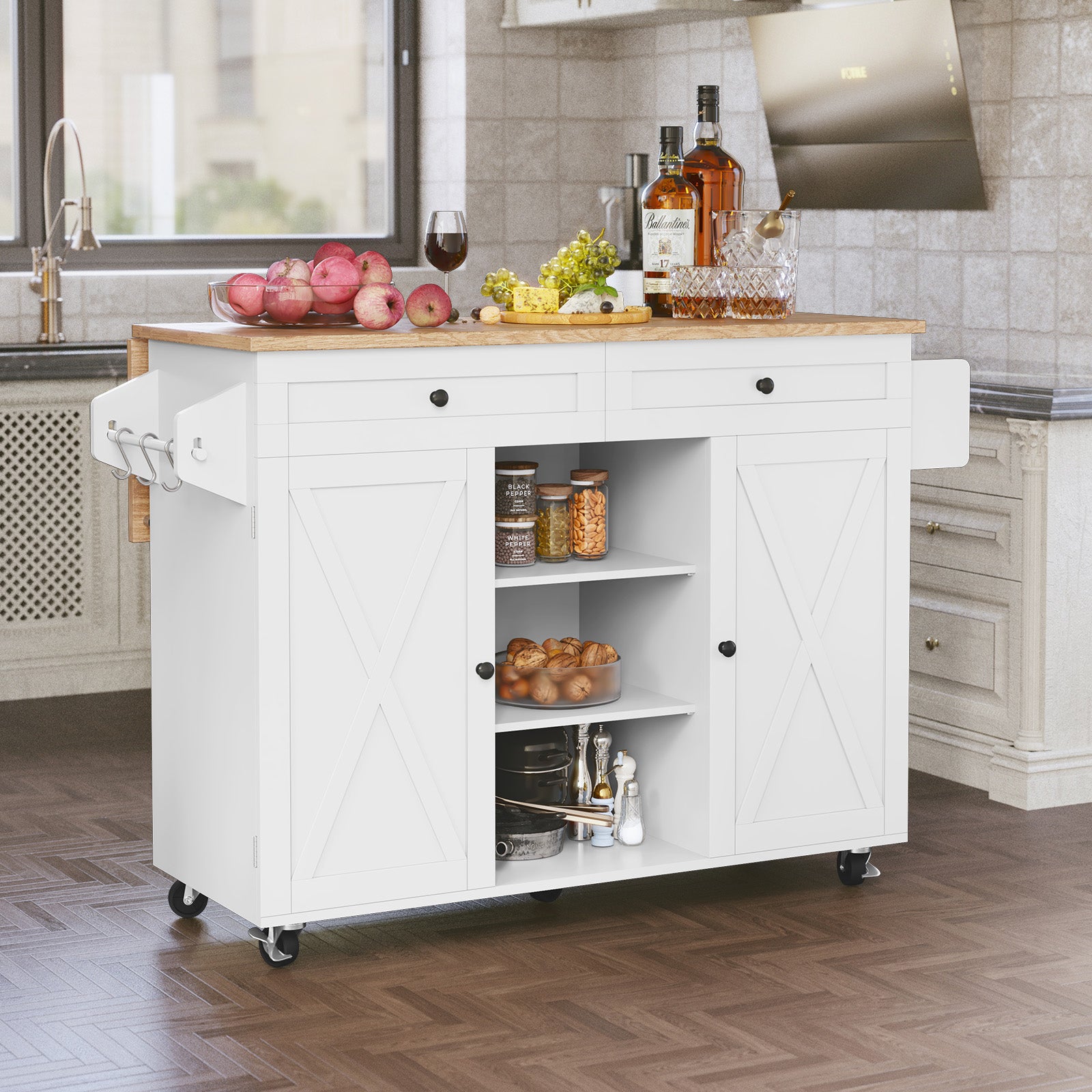 CBJCBJ 51.7" Rolling Kitchen Island Foldable, Adjustable Shelf & 2 Storage Doors - Mobile Kitchen Cart, Breakfast Bar with Storage (White)
