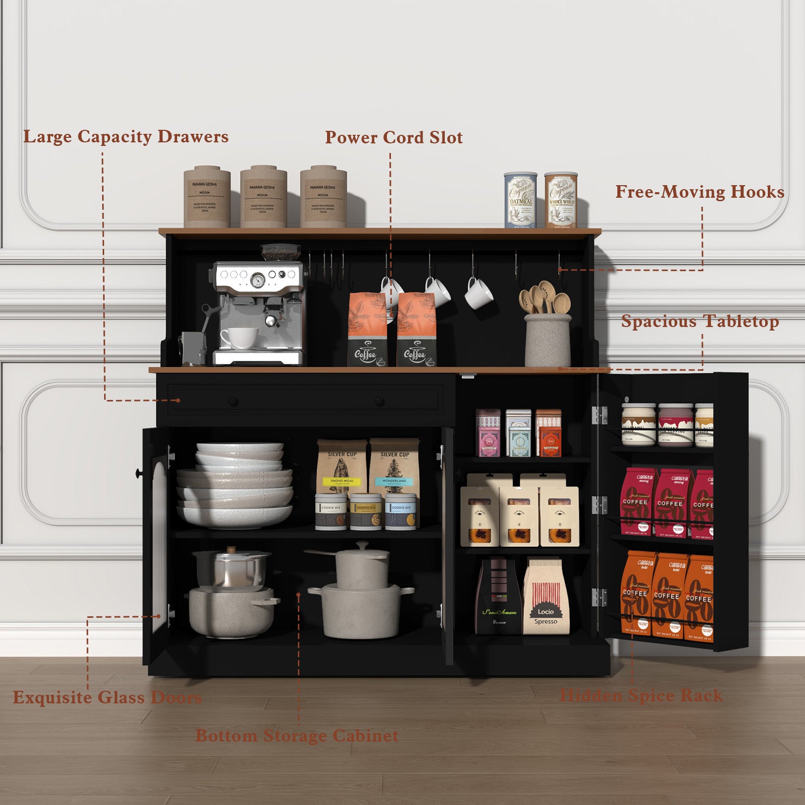 CBJCBJ 48“ Modern Wood Kitchen Pantry Cabinet with Coffee Bar, Drawer & Microwave Stand,Black