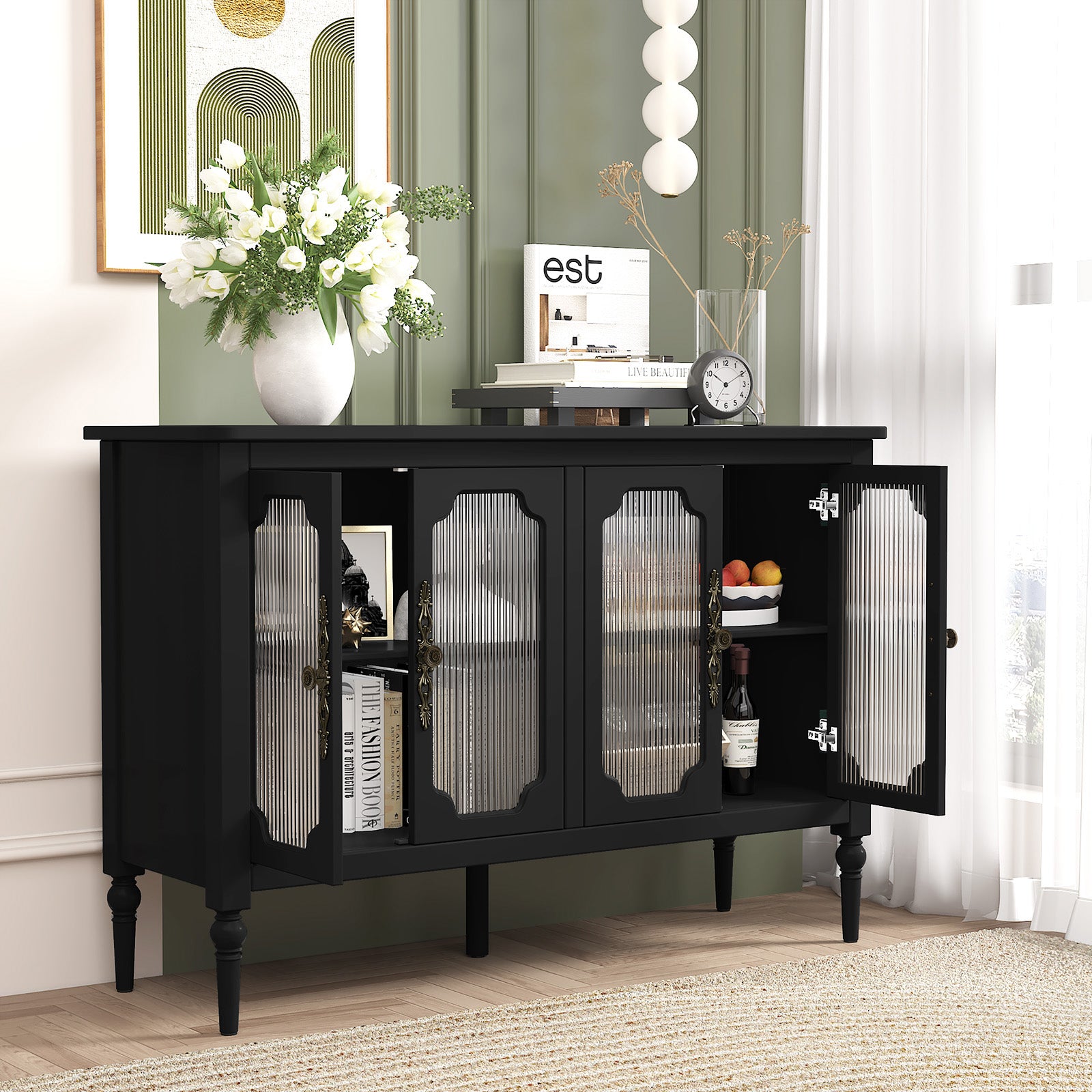 CBJCBJ 47" Retro 4 Door Buffet & Bar Cabinet, Sideboard Storage Cabinet for Dining Room, Black
