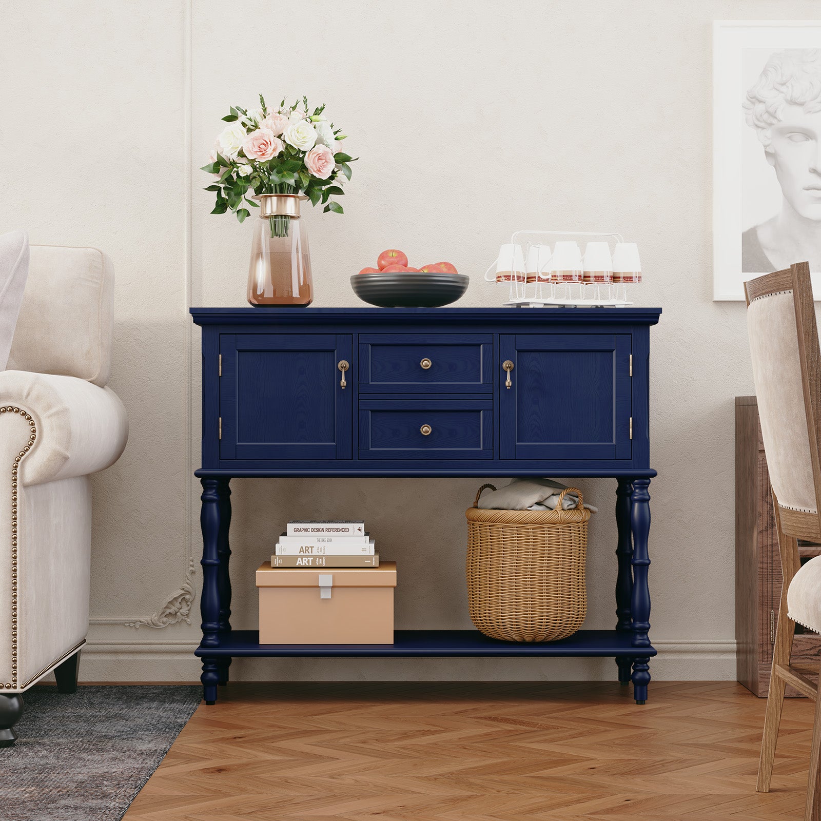 HLR 42" Farmhouse Modern Console Table, Entryway Table with Storage Shelf for Living Room, Navy Blue