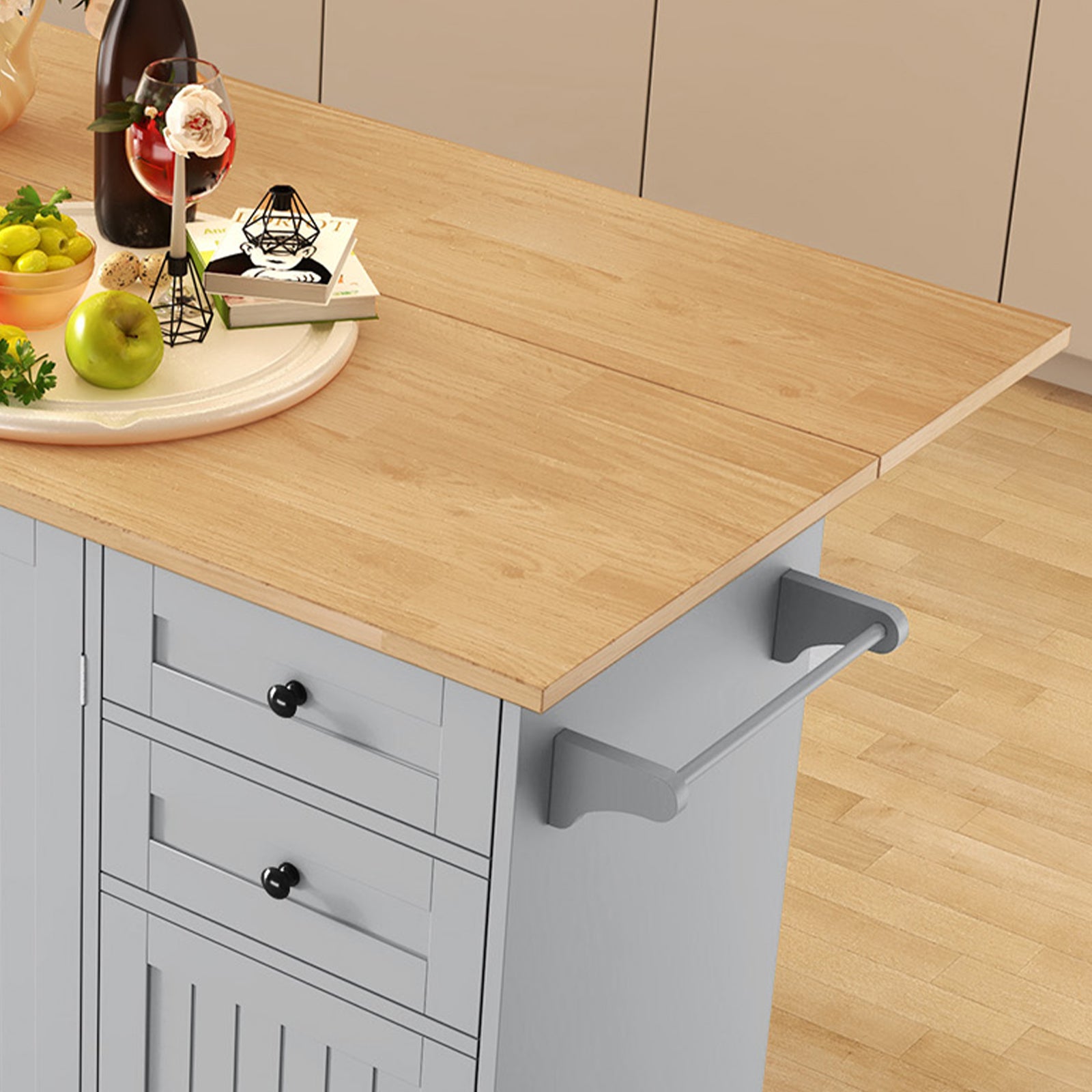 HLR 50.39" Kitchen Island with Storage, Wood Top Cart with Drop Leaf and Wheels, Gray