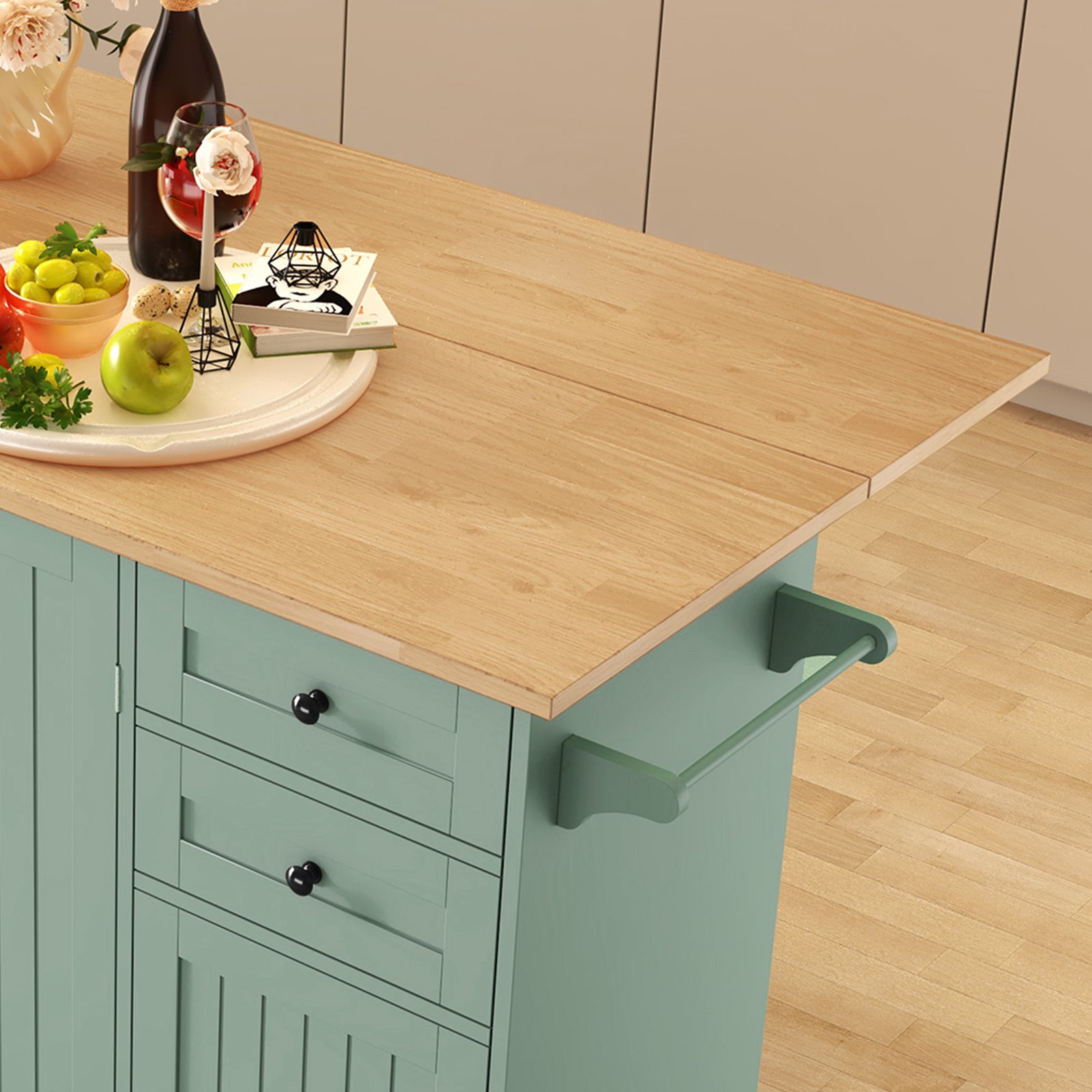 HLR 50.39" Kitchen Island with Storage, Wood Top Cart with Drop Leaf and Wheels, Green