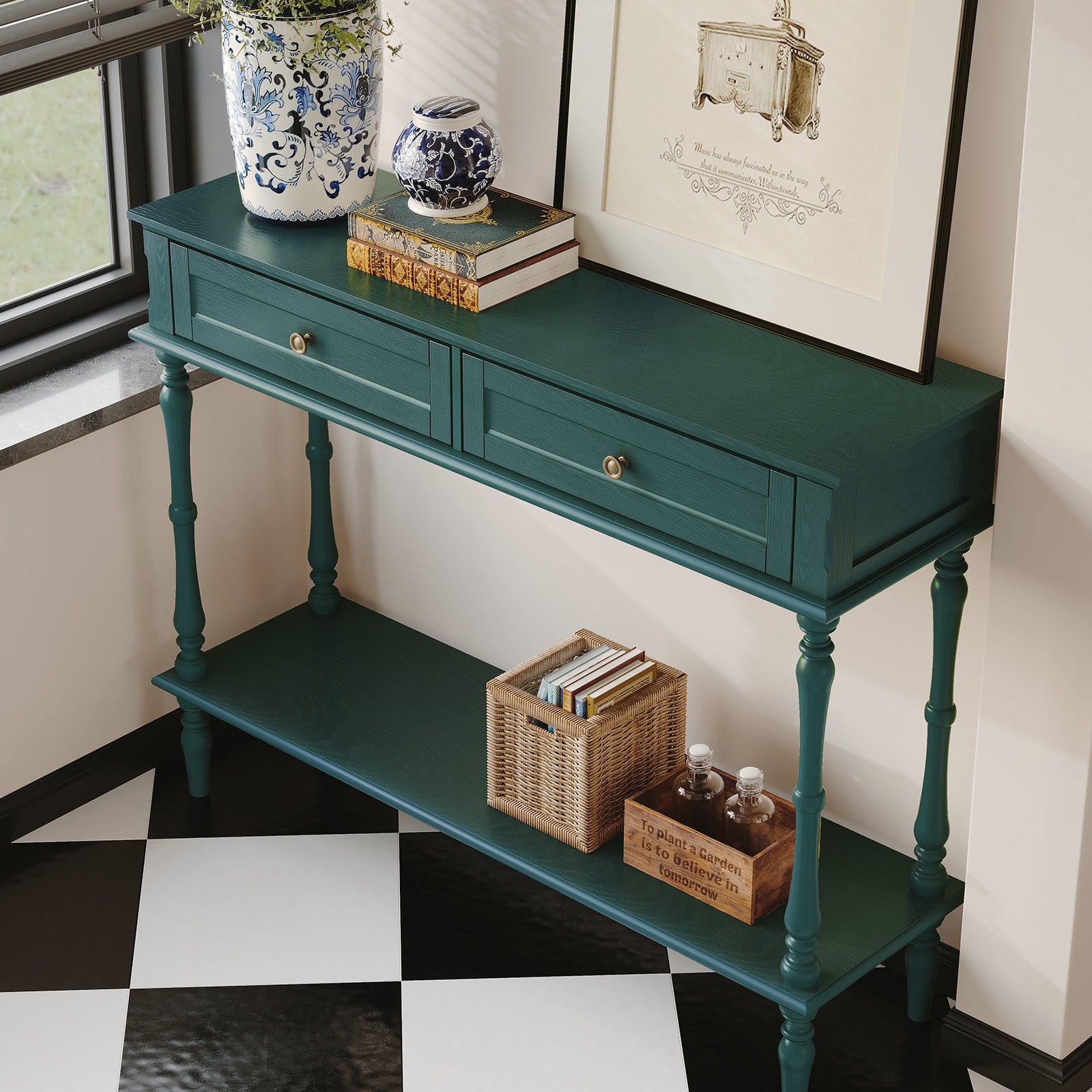HLR 40" Modern Console Table, Assembled Entryway Table with 2 Drawers for Living Room, Green