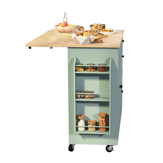 HLR 50.39" Kitchen Island with Storage, Wood Top Cart with Drop Leaf and Wheels, Green