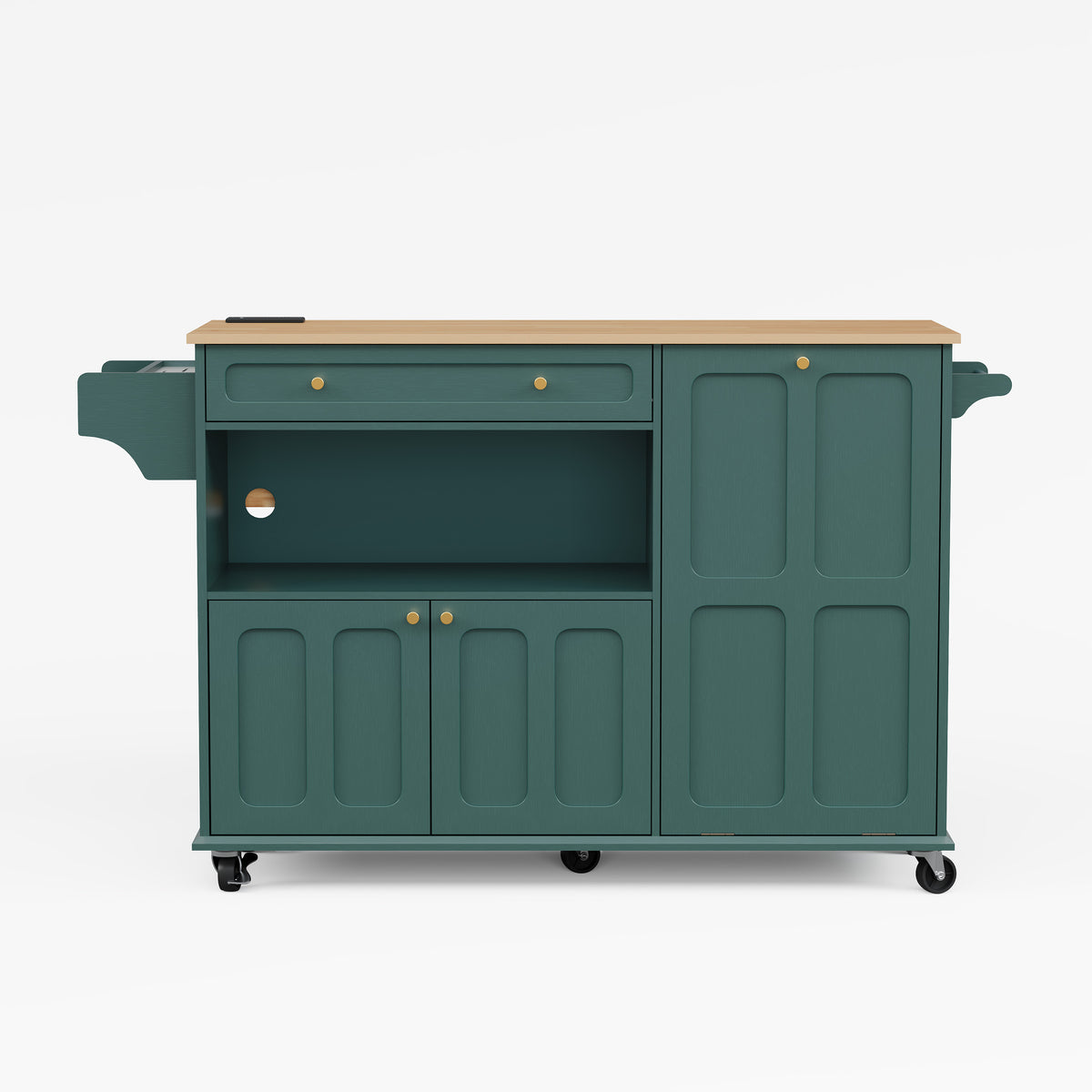 HLR Mid-Century 60" Kitchen Island with Trash Can Storage, Rolling Island Table, Green