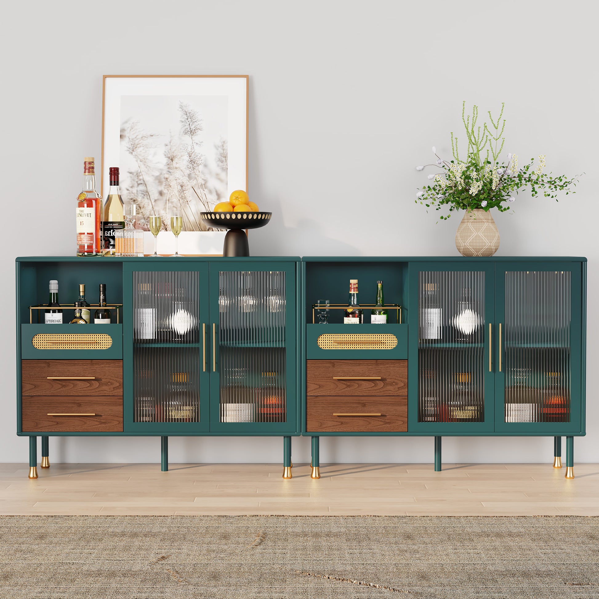 HLR 47.2" Coffee Wine Bar Cabinet with 2 Glass Doors, Modern Buffet Sideboard Table for Dining Room, Green