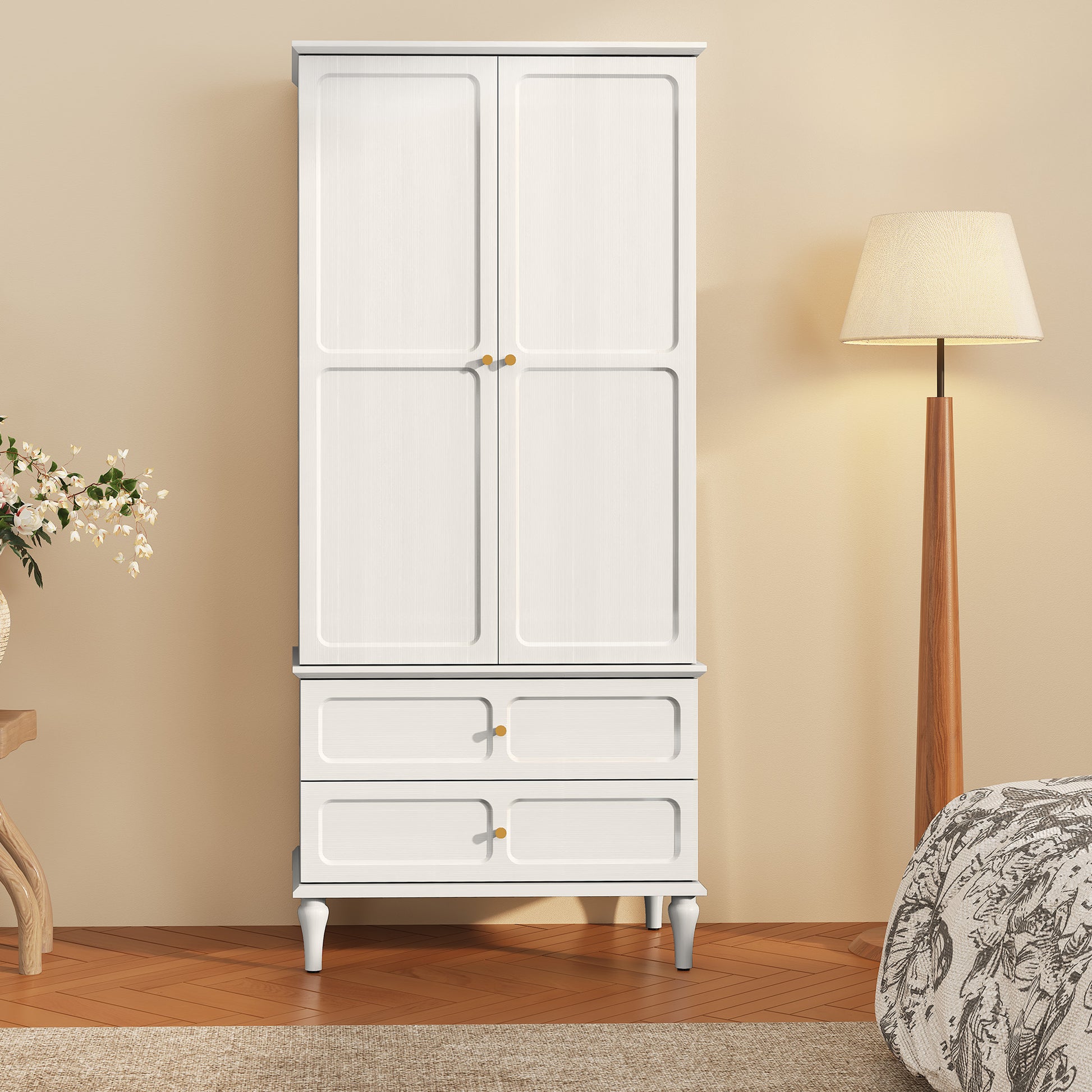 CBJCBJ 70"Mid-Century Wood Armoires Wardrobe Closet, Bedroom Clothing Storage Cabinet with Hanging Rail, White