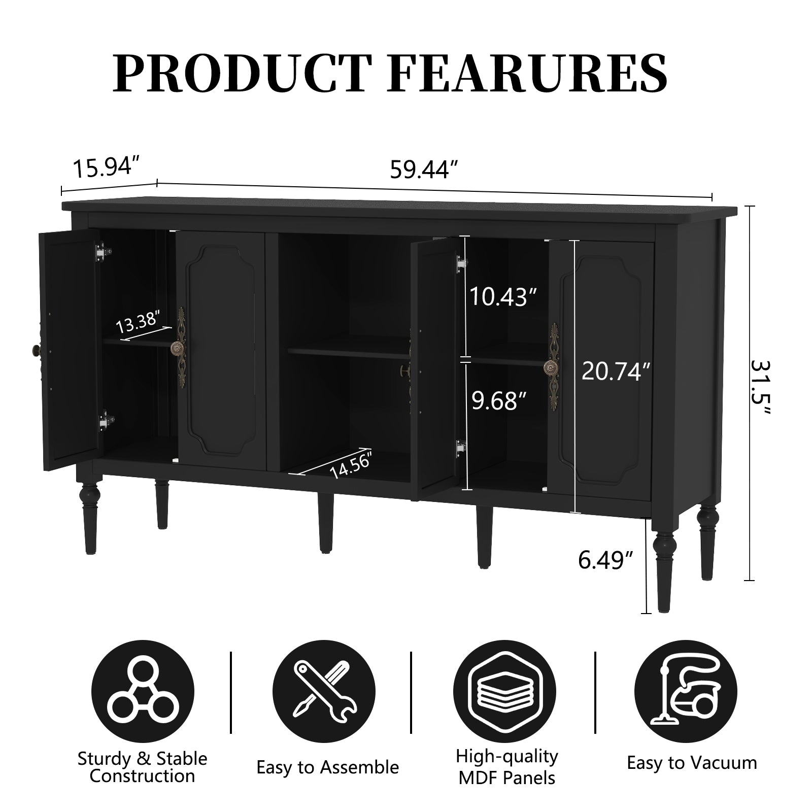 CBJCBJ 59" Mid-Century Storage Cabinet with Adjustable Shelves, Double-Layer Open Design for Living Room & Bedroom, Black