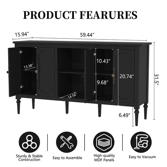 CBJCBJ 59" Mid-Century Storage Cabinet with Adjustable Shelves, Double-Layer Open Design for Living Room & Bedroom, Black